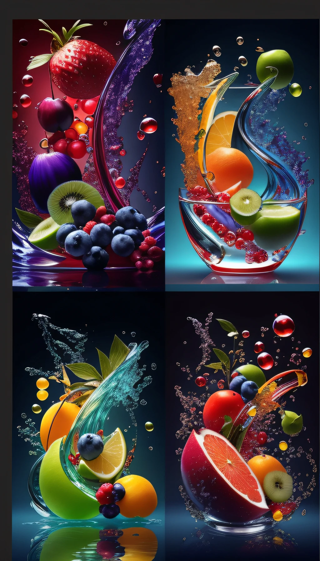 A set of different pictures of fruits in the water, colorful hd picure, beautiful composition 3 - d 4 k, amazing wallpapers, 4 k hd wallpapear, vivid and realistic colors, 3D digital art 4K, Fruits, 3D collage, Vibrant composition and color, colorful glass art, Colorful 4 K HD, 8K high quality detailed art