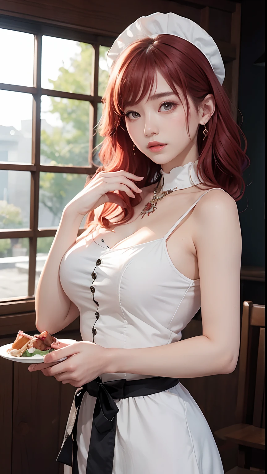 (1girl in:1.3)、独奏、__body-parts__、Official art、unity 8k wall paper、ultra-detailliert、Beautifully Aesthetic、Beautiful fece、Red hair、Colossal tits、masterpiece、top-quality、Fantastic atmosphere、Calm palette、Engaging pose、Calm mood、Soft shading、maid clothes、Restaurant maid、Charm spelling、Maid's duties、Gorgeous Jewelry