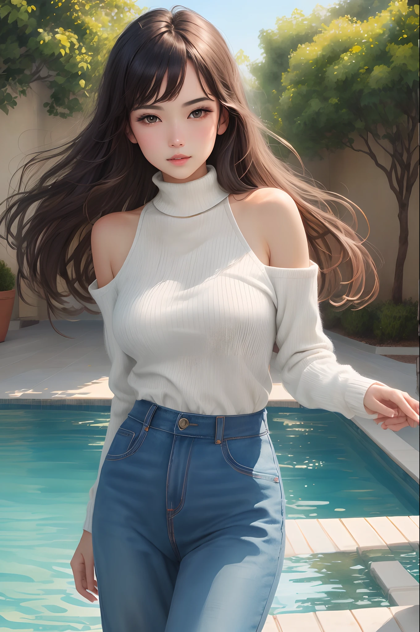 pureerosface_v1, watercolor paiting,best qualtiy, 8k, A high resolution, 1girll,Camera in hand, (dent in the skin), (sportrait:0.6), opulent, dynamicposes, ((poolsidebackground:1.6)), large grassland, ((Medium size round chest, white highnecksweater:1.4)), head straight-looking at viewer:1...