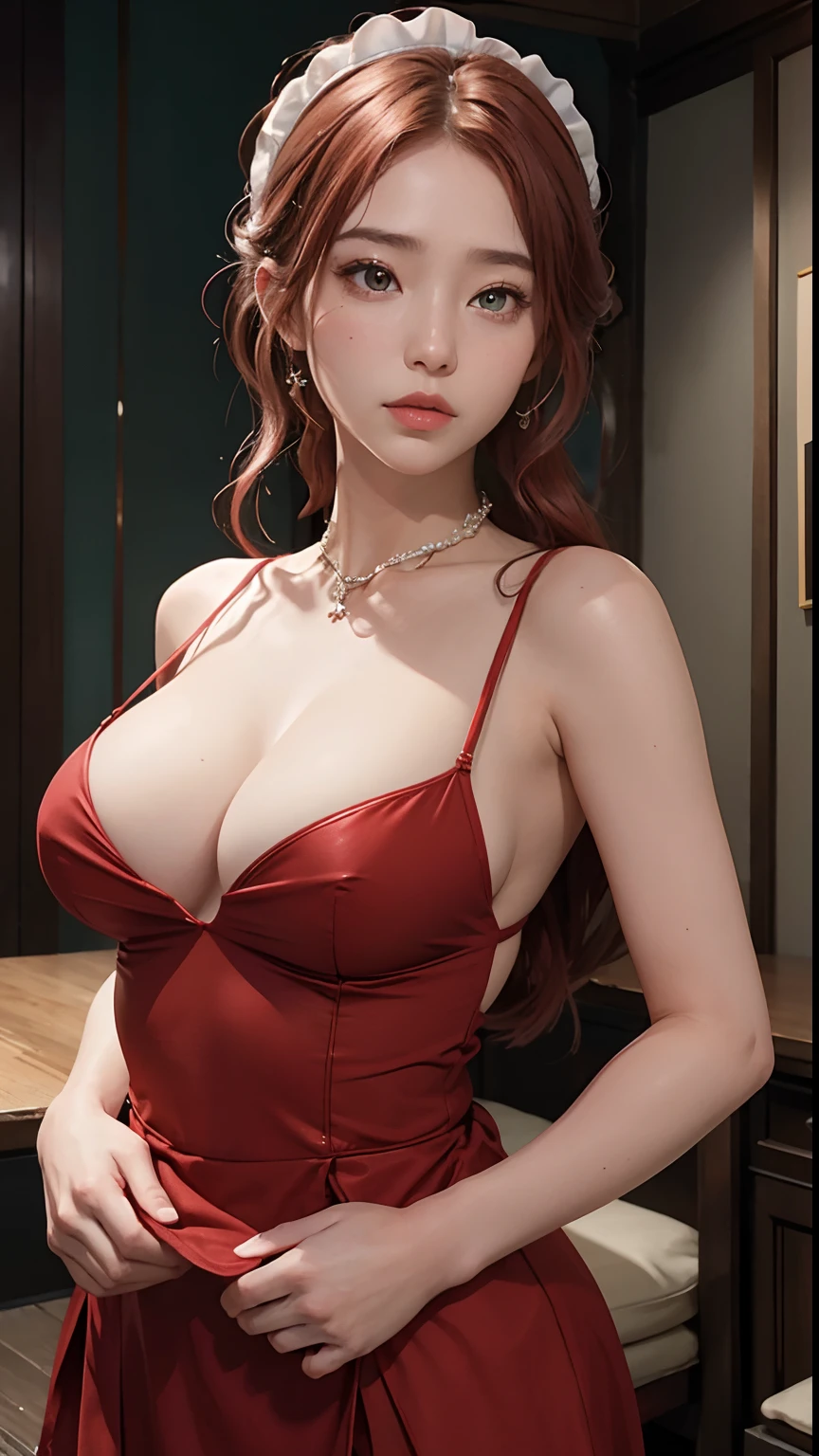 (1girl in:1.3)、独奏、__body-parts__、Official art、unity 8k wall paper、ultra-detailliert、Beautifully Aesthetic、Beautiful fece、Red hair、Colossal tits、masterpiece、top-quality、Fantastic atmosphere、Calm palette、Engaging pose、Calm mood、Soft shading、maid clothes、Restaurant maid、Charm spelling、Maid's duties、Gorgeous Jewelry