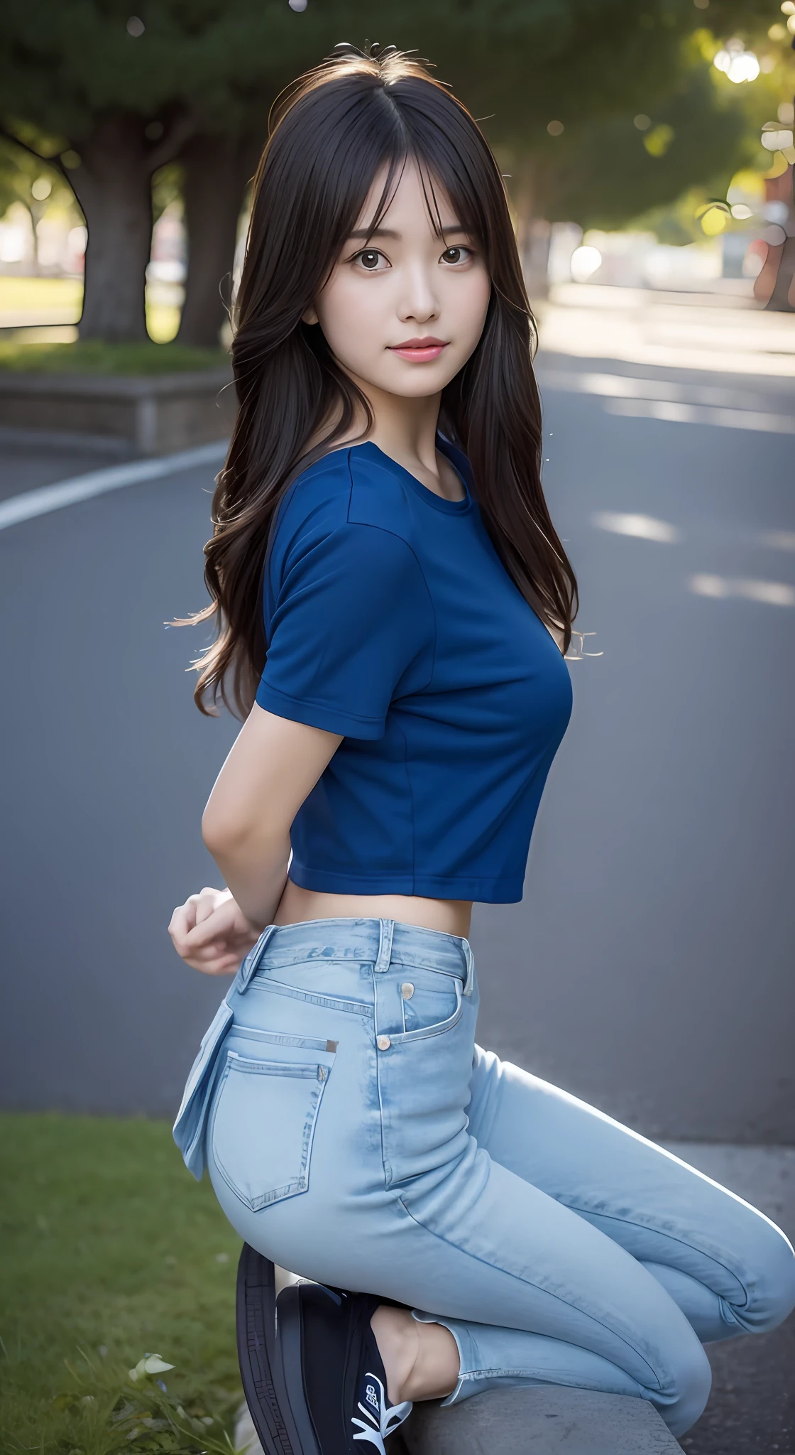 （（top-quality，8K，tmasterpiece：1.3）），focal：1.2，Perfect beauty：1.8，glute：1.2，（Layered Hair Style，boobgasm：1.5）），（wetclothes：1.1），Japan high school student，Blue T-shirt and crop top jeans，Stylish sneakers:1.2，（outside，grassy fields），Highly Detailed Face and Skin Textur，largeeyes，Tanuki face，二重まぶた，Whitens the skin，The posture is diverse，Show off your sexy body and beautiful buttocks，Full body shooting:1.8