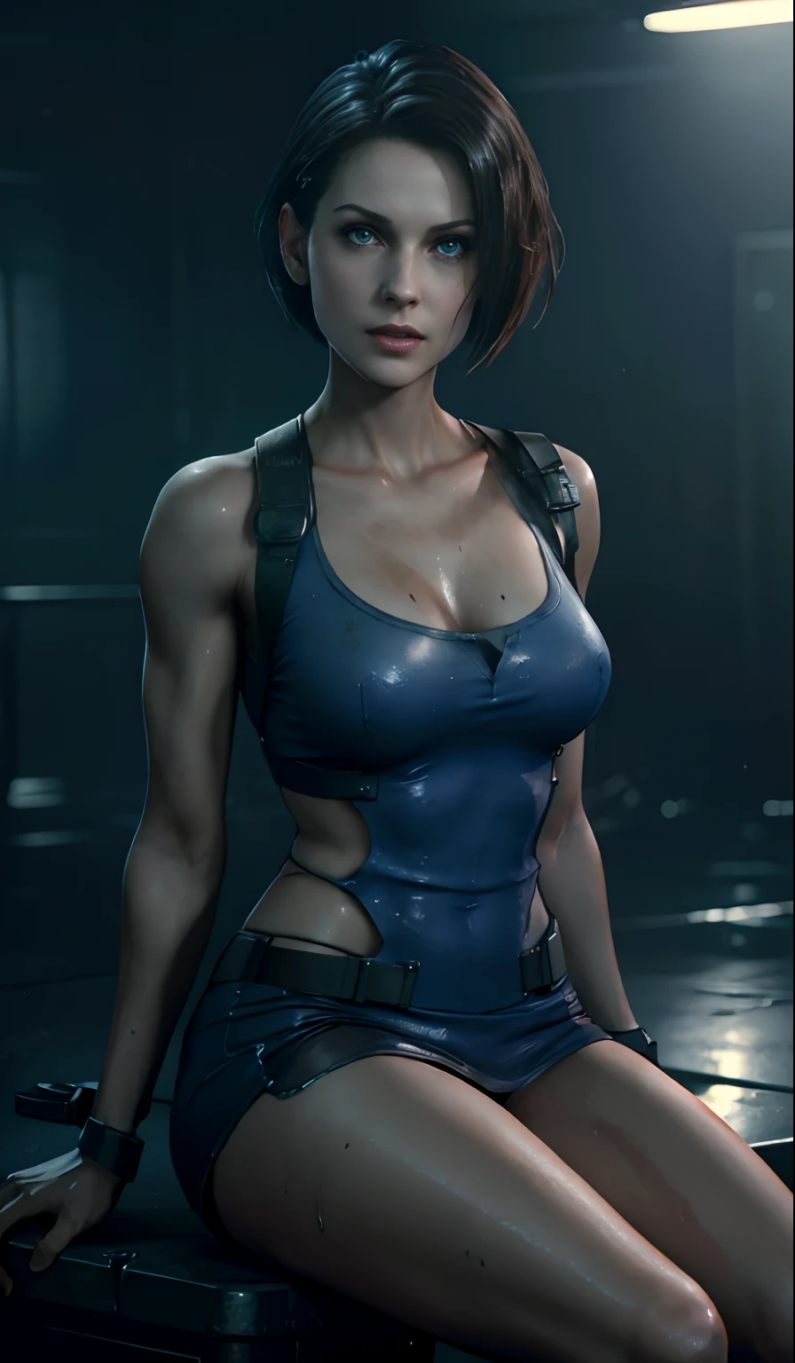 Jill Valentine from Resident Evil series clothes, standing, sitting, sexy beautiful face, doe shape eyes, full lips. slim body, breathtaking beauty, vibrant, comprehensive cinematic, 8k, cinematic lighting, best quality, 4k, very wet