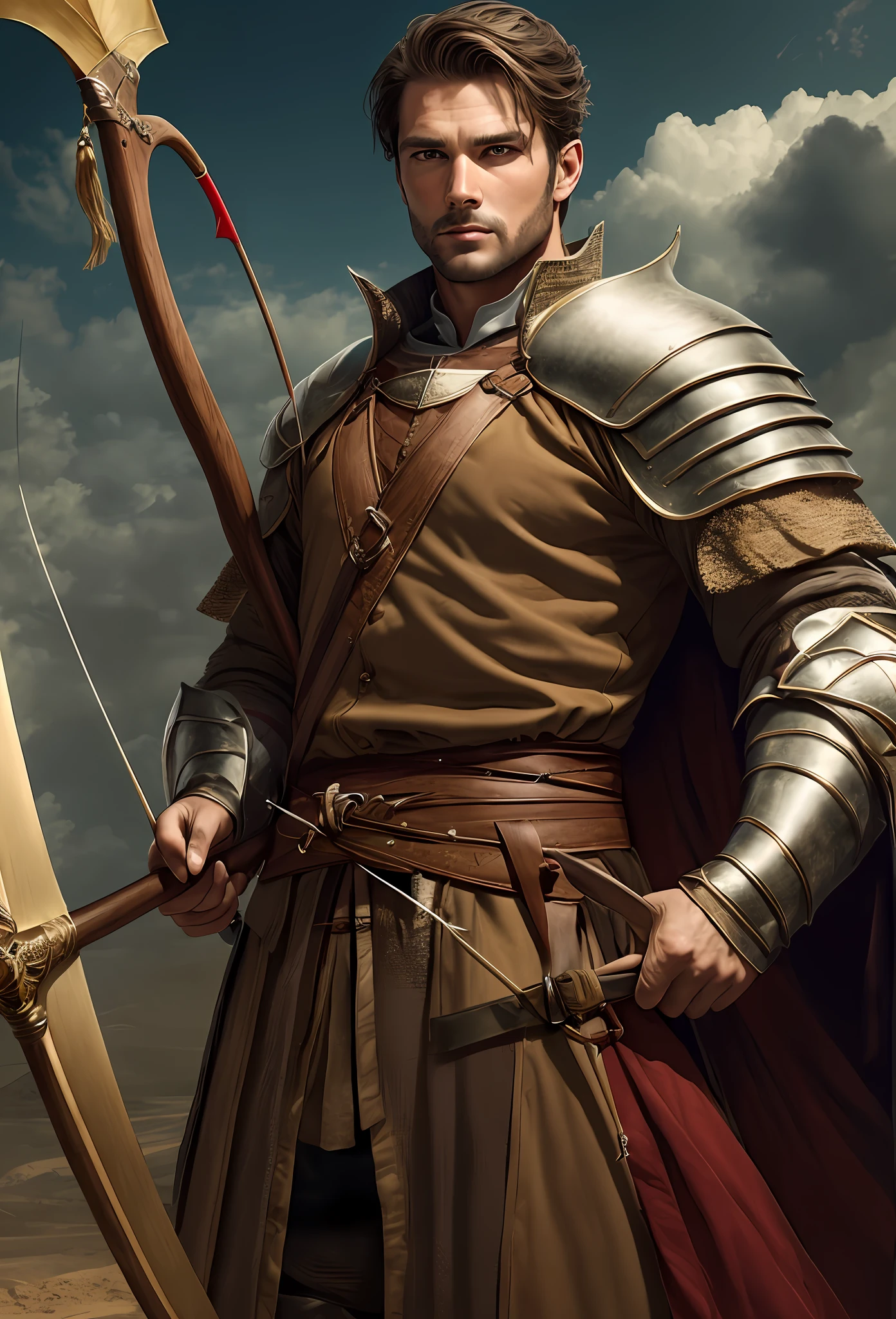 1 male
Handsome man in his 30s
Fearless face
Medieval knights
Holding a large bow in his left hand
Holding an arrow with your right hand