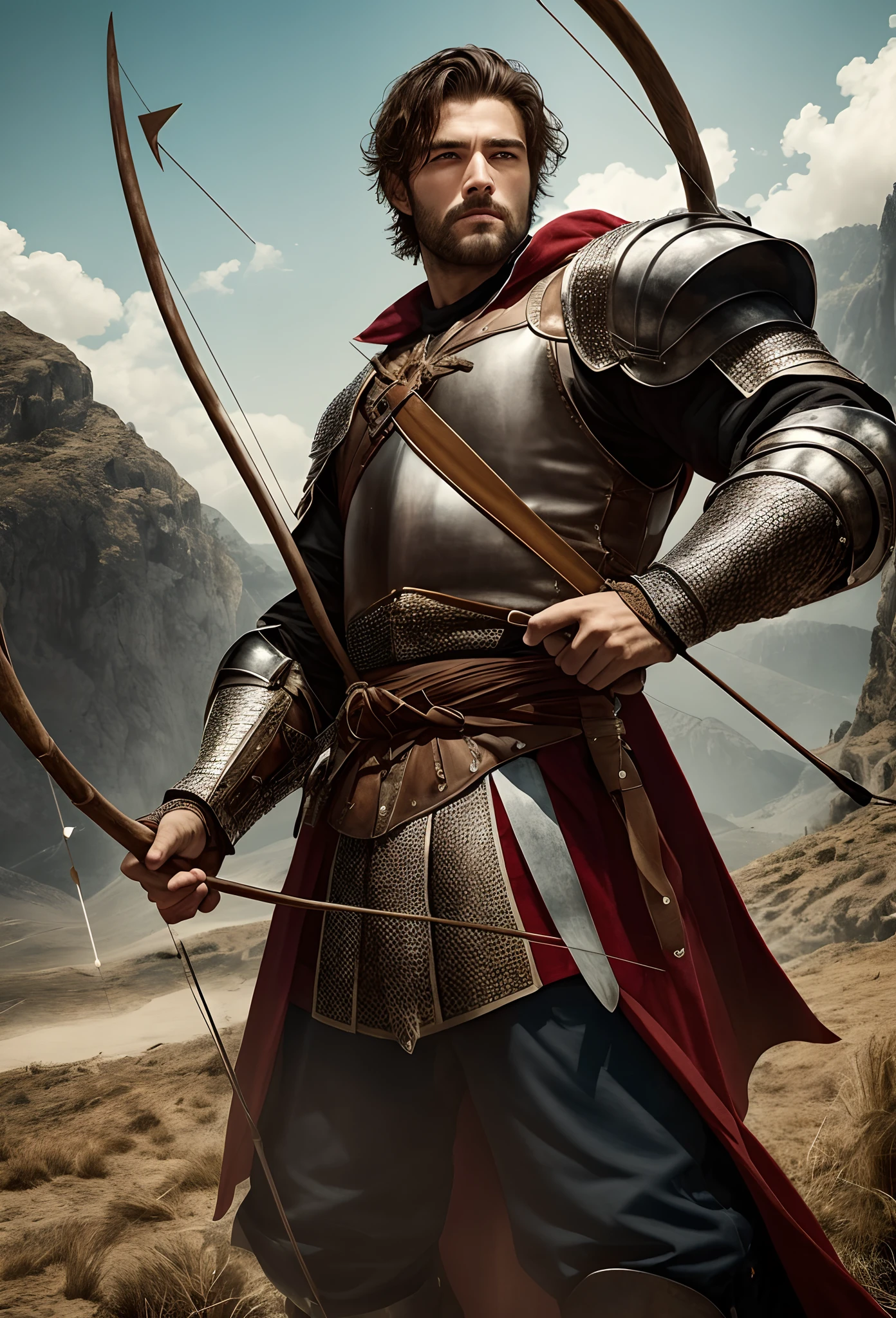 1 male
Handsome man in his 30s
Fearless face
Medieval knights
Holding a large bow in his left hand
Holding an arrow with your right hand