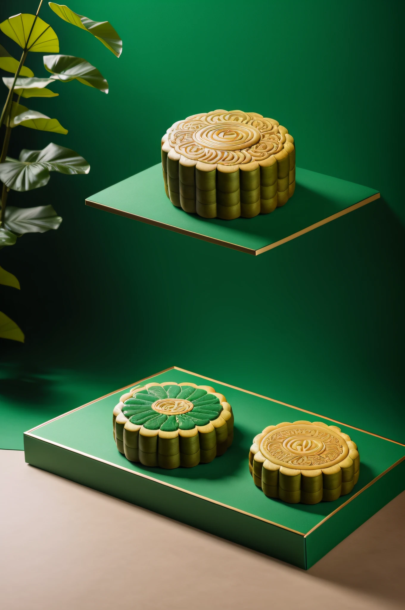 Mooncake shooting,Green background,large scene,Lotus leaf,tmasterpiece,Mooncake gift box,8k wall paper,Super delicate,,A long-won photo contest,Super refined,