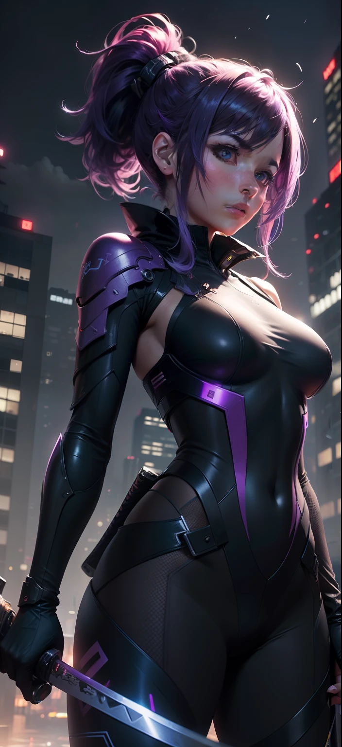 best qualtiy,tmasterpiece,A high resolution,lgirl,black undersuit,城市,nighttime scene,RTX,Dingdall effect,katana swords,High ponytail,Purple colored hair,High ponytail,quadratic element,,Ray traching