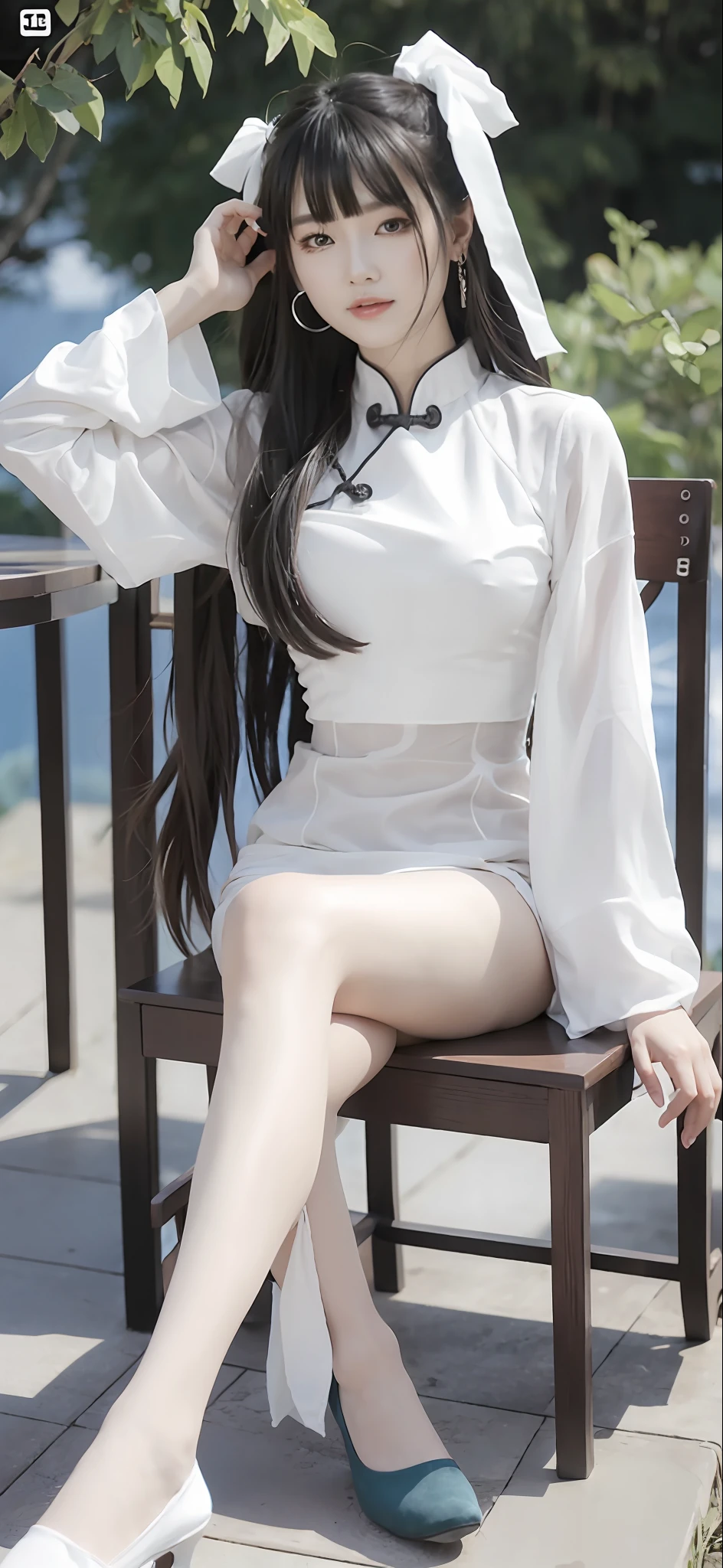 a close up of a woman sitting in a chair with a cell phone, full-body xianxia, trending on cgstation, trending at cgstation, Guviz, White Hanfu, sakimichan, Guviz-style artwork, xintong chen, shaxi, inspired by Ma Yuanyu, pale snow-white skin