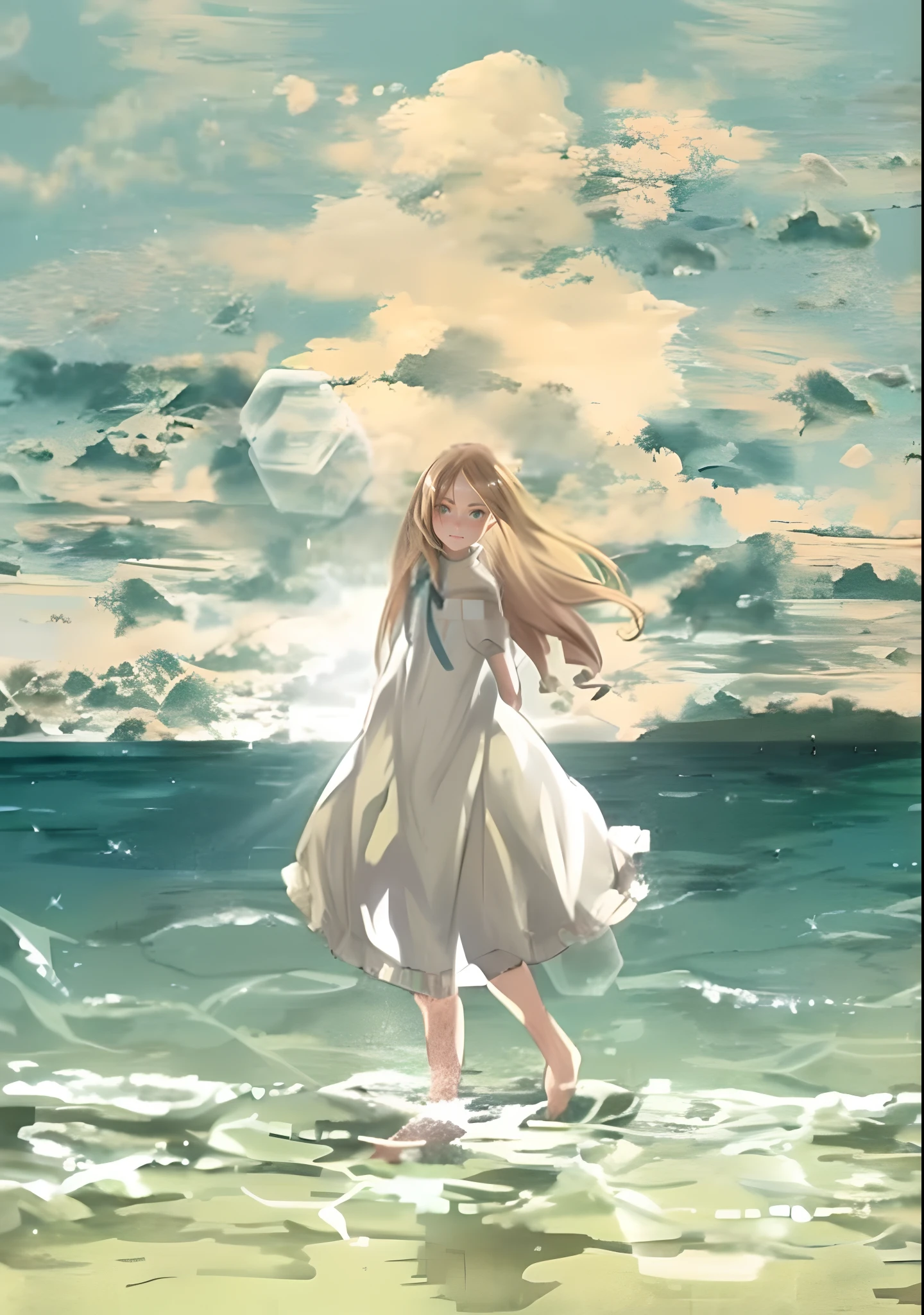 Menina anime andando na praia com cabelo longo no vento, Anime girl walking on water, ( ( Makoto Shinkai ) ), mar azul. por Makoto Shinkai, Makoto Shinkai!!, Estilo de Makoto Shinkai, Makoto Shinkai!, studio glibly makoto shinkai, por Makoto Shinkai, por Makoto Shinkai