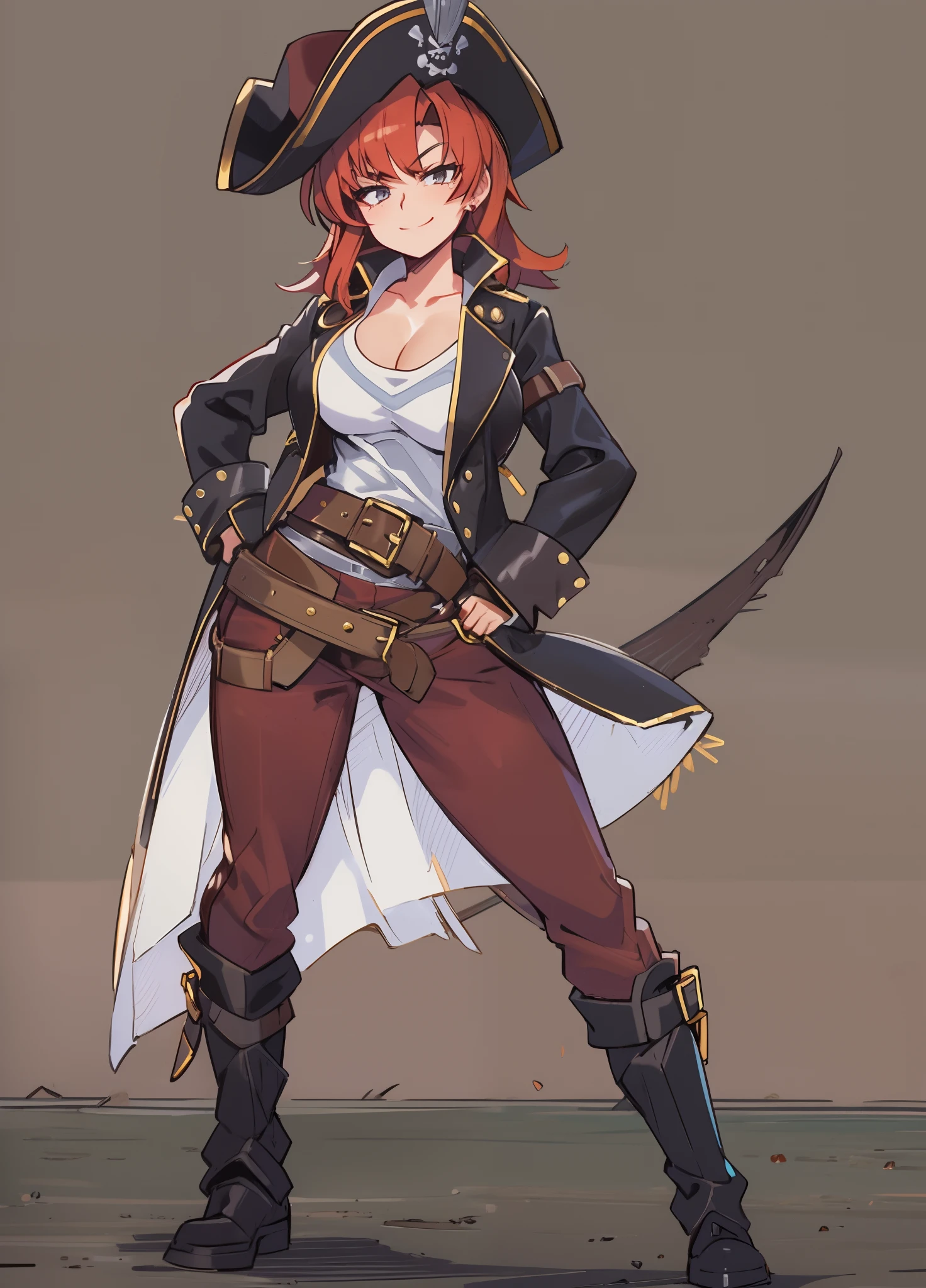 natasha_radinov_v1, caramel-apple-spiked hair, black coat, black pants, white t-shirt, brown belt, athletic, long sleeves, 1girl, hands on hips,holding lance, full armor boots, huge breast, pirate costume, pirate hat, smile