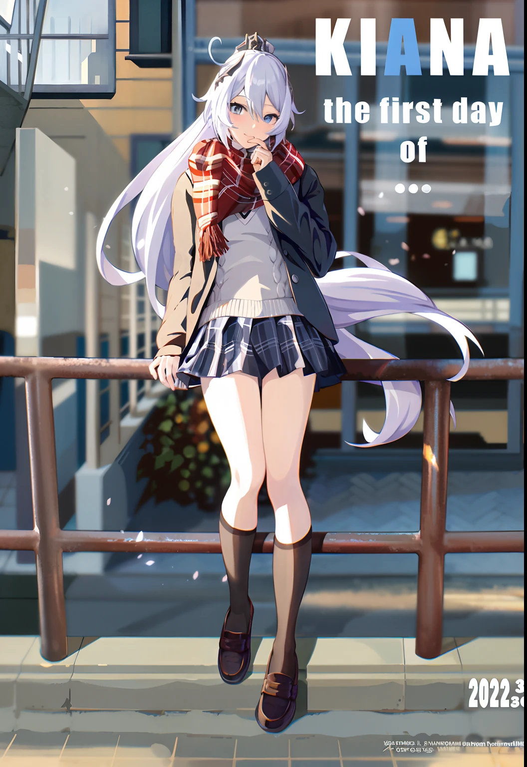 Anime characters with long white hair and scarves on railings, Beautiful Anime High School Girls, visual novels CG, ; visual novel, my dress up darling anime, visual novel key visual, visual novel, from girls frontline, anime visual of a cute girl, girls frontline style, anime moe art style, anime best girl, the anime girl is crouching