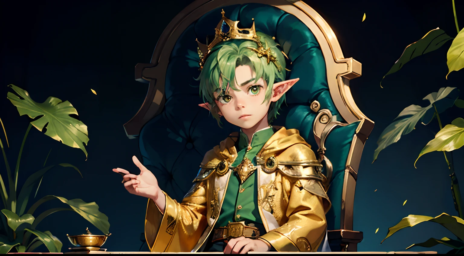 solo, solo focus, masterpiece, ((exquisite_detail)), illustration, (handsome), extremely_detailed_CG, cute young boy, green hair wearing a crown, gold eyes, golden robe, merchant, leaf, sitting on a throne, looking at the viewer, turned around, cute young boy with elf ears, hands behind the back