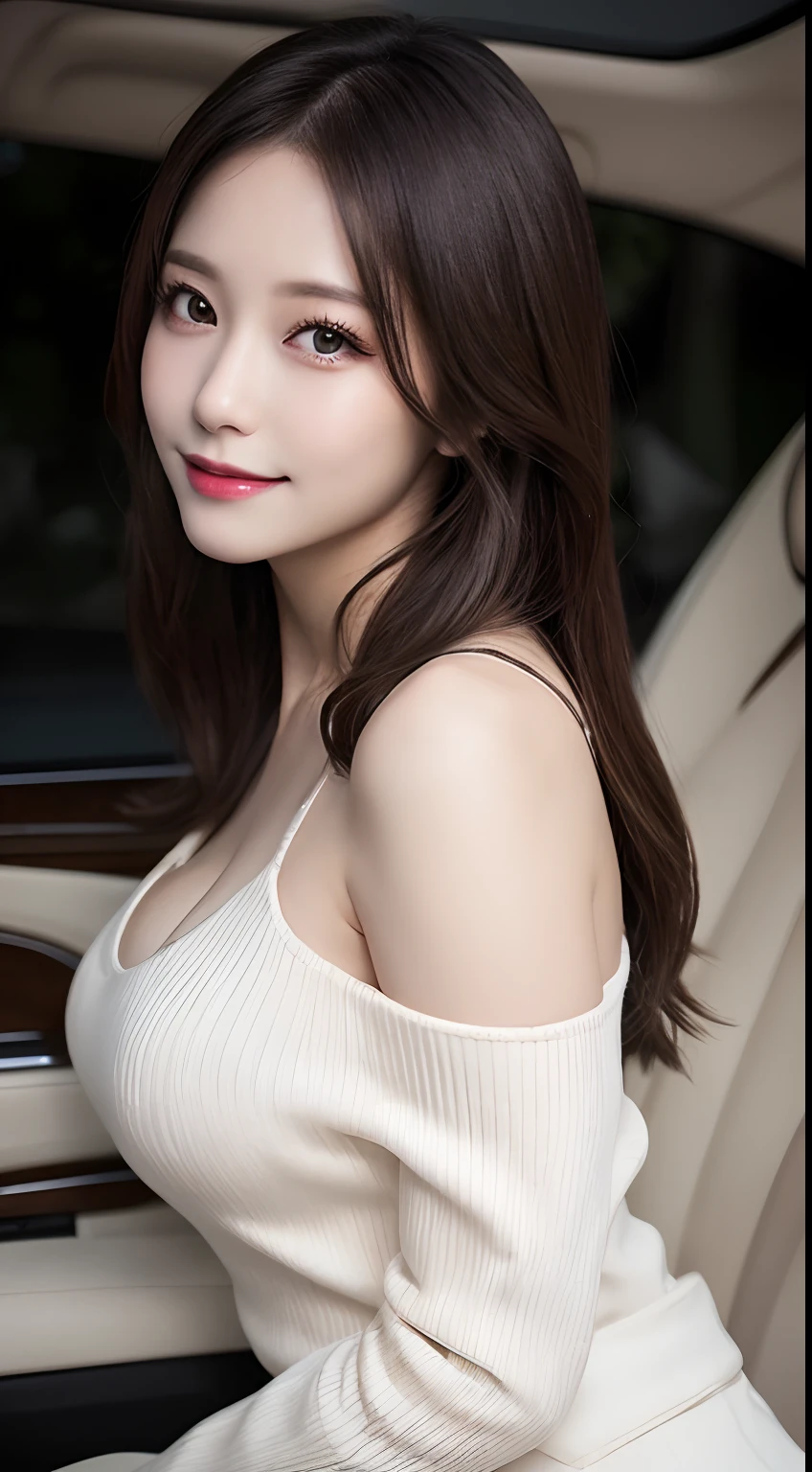 masutepiece, Best Quality, Illustration, Ultra-detailed, finely detail, hight resolution, 8K Wallpaper, Perfect dynamic composition, Beautiful detailed eyes, doress,Medium Hair, Big breasts, Natural Color Lip, Random and sexy poses,Smile,luxury car(Rear seats)、shot from front