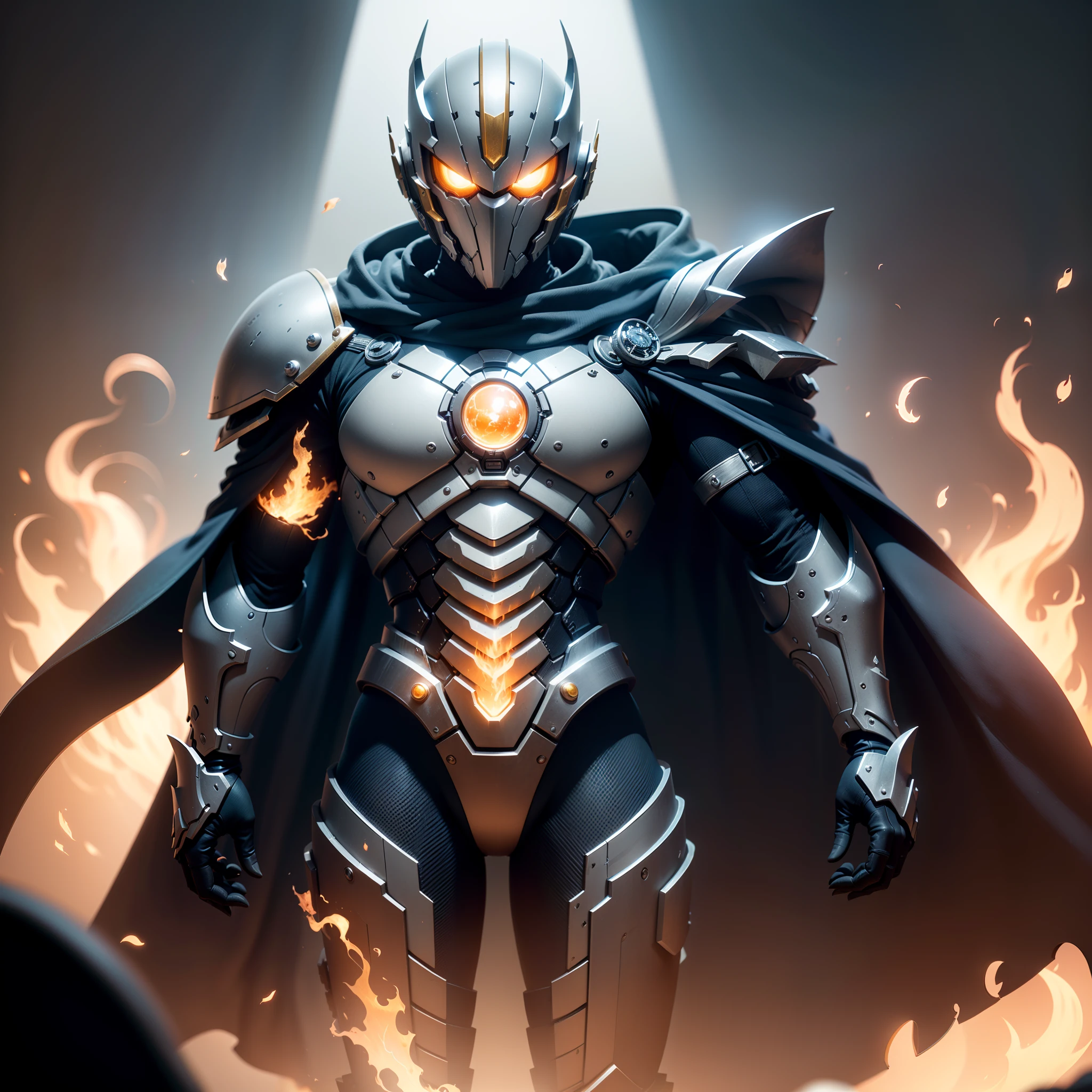 ((best qualtiy)), ((tmasterpiece)), (the detail:2.0)3D, An image of a haughty mechanical knight,Western Dragon,Armor details,Kamen Rider,Cloak,Golden mask,Cuirass glowing core,Surrounded by flames,Side close-up,HDR(HighDynamicRange),Ray traching,NVIDIA RTX,Super-Resolution,Unreal 5,Subsurface scattering、PBR Texture、post-proces、Anisotropy Filtering、depth of fields、maximum definition and sharpness、Many-Layer Textures、Albedo e mapas Speculares、Surface Coloring、Accurate simulation of light-material interactions、perfectly proportions、Octane Render、Two-colored light、largeaperture、Low ISO、White balance、the rule of thirds、8K RAW、