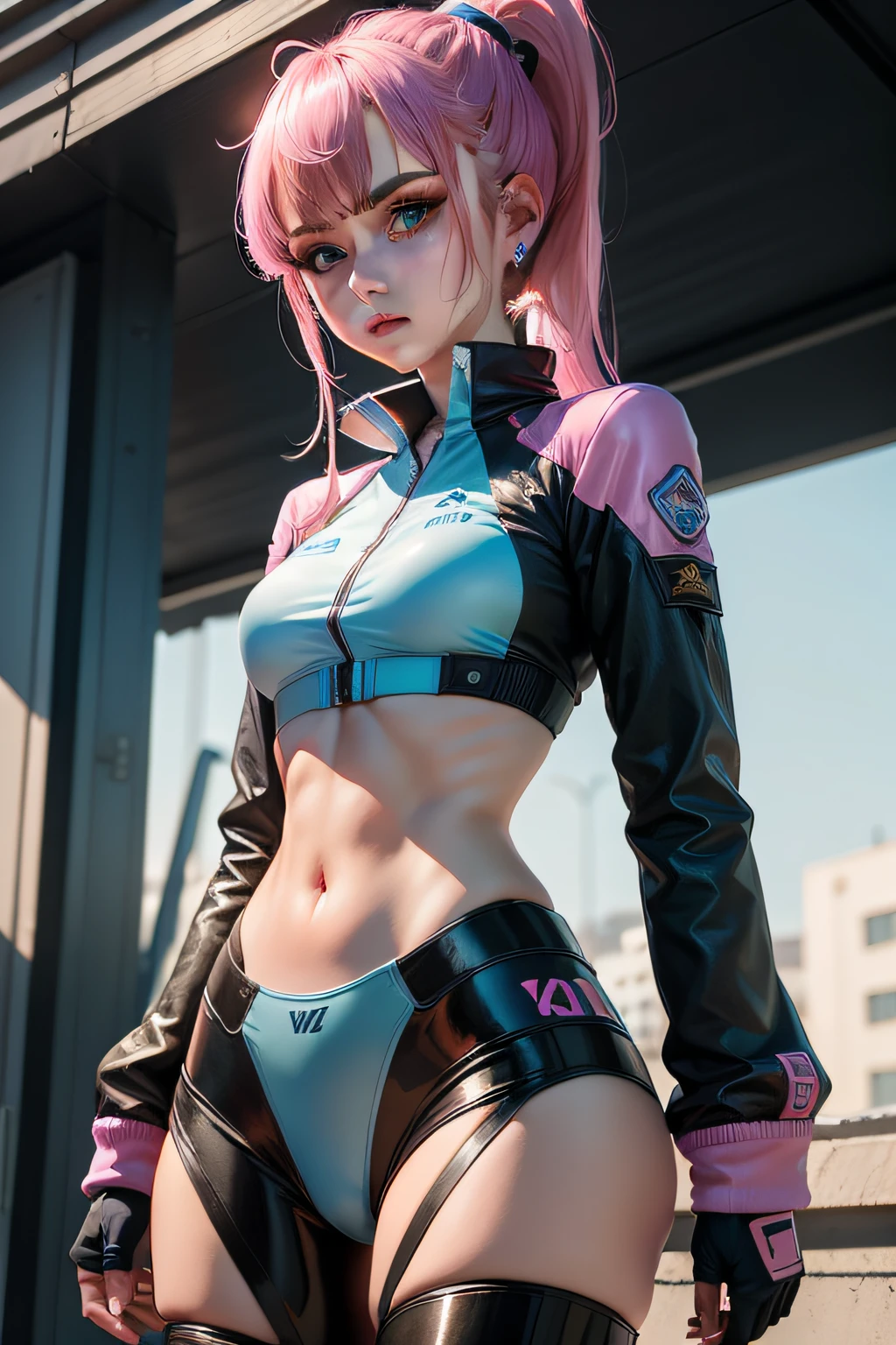 （（top Quority，8k，tmasterpiece：1.3）20-year-old cold girl，High pink ponytail，Slim body 1：1，Mecha uniform，skyblue eyes