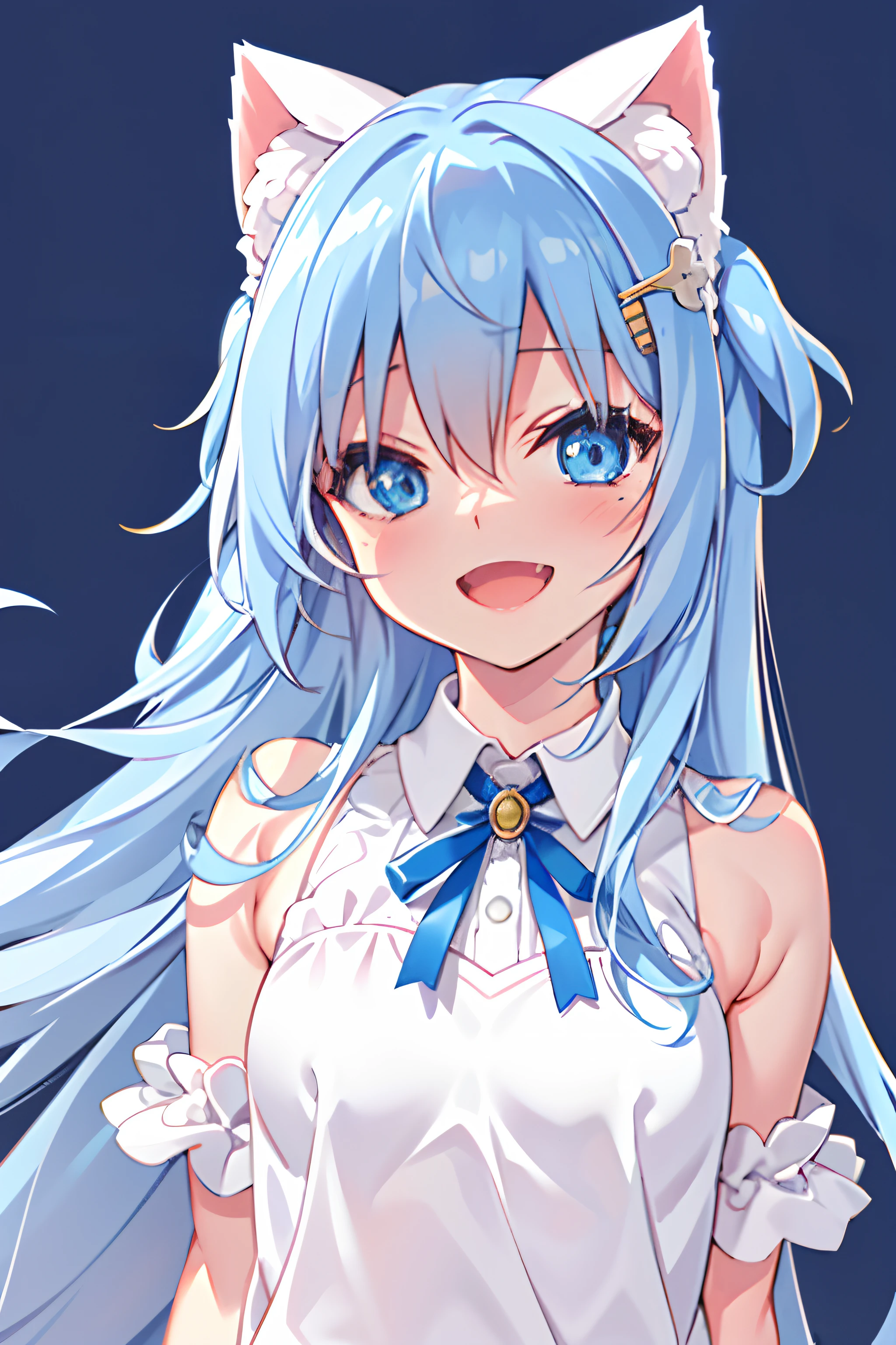 masterpiece,best quality,1girl,(solo:1.3),(simple background:1.3),happy,open mouth,(upper body:1.2),  white cat ears,light blue hair,blue eyes,