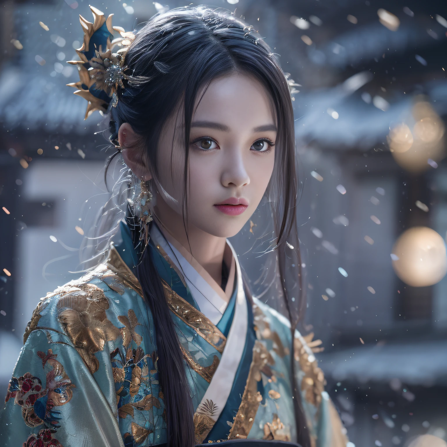 32K（tmasterpiece，k hd，hyper HD，16k）Flowing short hair，Backroom pond，zydink， a color，  Asian people （Female Student）， （Silk scarf）， Combat posture， looking at viewert， long whitr hair， Floating hair， Hanfu， Chinese clothes， longer sleeves， （abstract ink splash：1.2）， white backgrounid，Kirin Beast Protector （realisticlying：1.4），，Snowflakes fluttering，The background is pure， A high resolution， the detail， RAW photogr， Sharp Re， Nikon D850 Film Stock Photo by Jefferies Lee 4 Kodak Portra 400 Camera F1.6 shots, Rich colors, ultra-realistic vivid textures, Dramatic lighting, Unreal Engine Art Station Trend, cinestir 800，