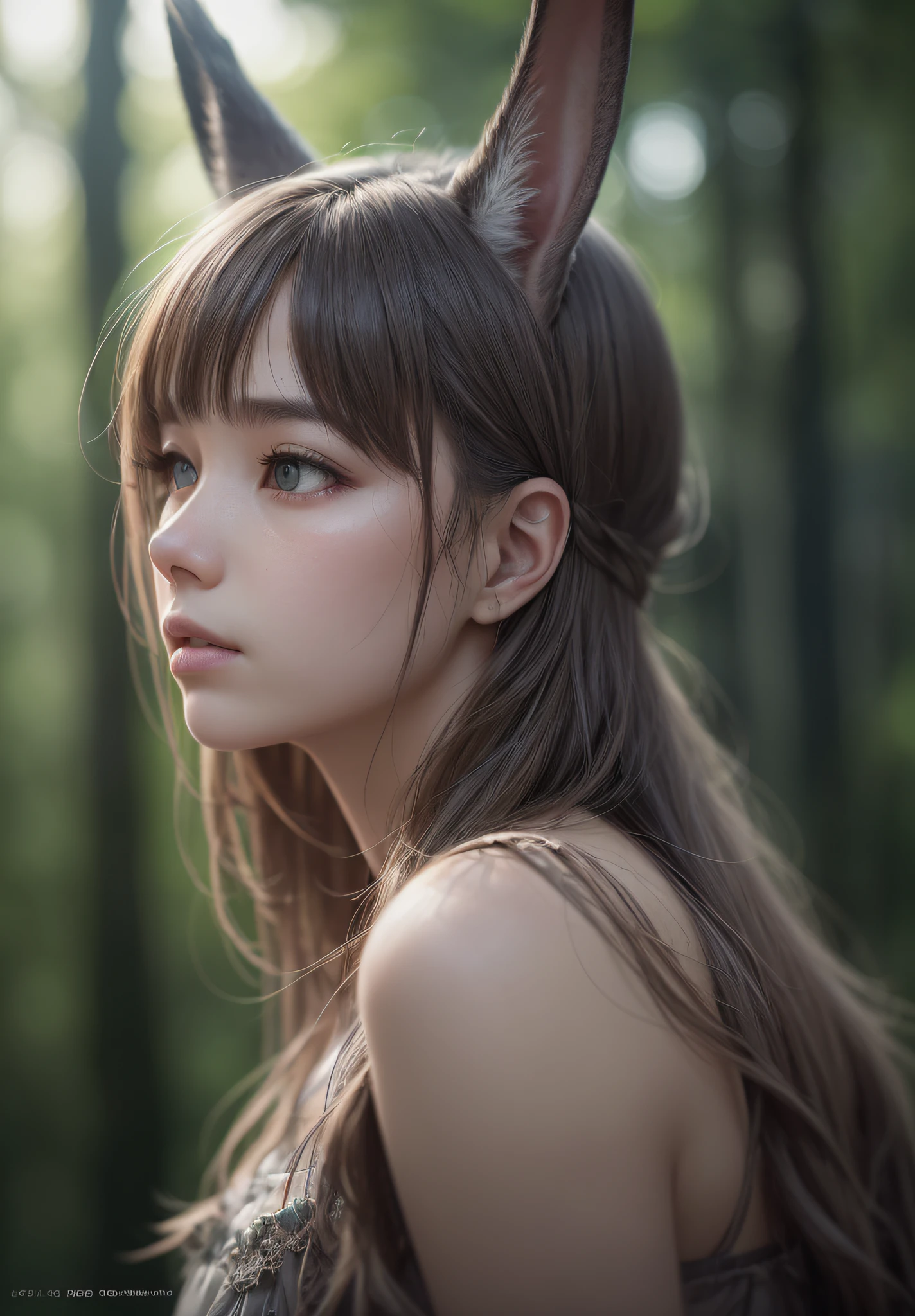 Photo of a rabbit girl、the woods、Haze、Halation、Bloom、Dramatic atmosphere、central、thirds rule、200mm 1.4F Macro Shot、(natural skin textures、Hyper-Realism、Soft light、sharp:1.2)、(intricate-detail:1.12)、HDR、(intricate-detail、ultra-detailliert:1.15)、Art by Greg Rutkowski and ArtGerm、Soft Cinematic Lights、adobe lightroom、photolab、HDR、Convoluted、ighly detailed、(depth of fields:1.4)