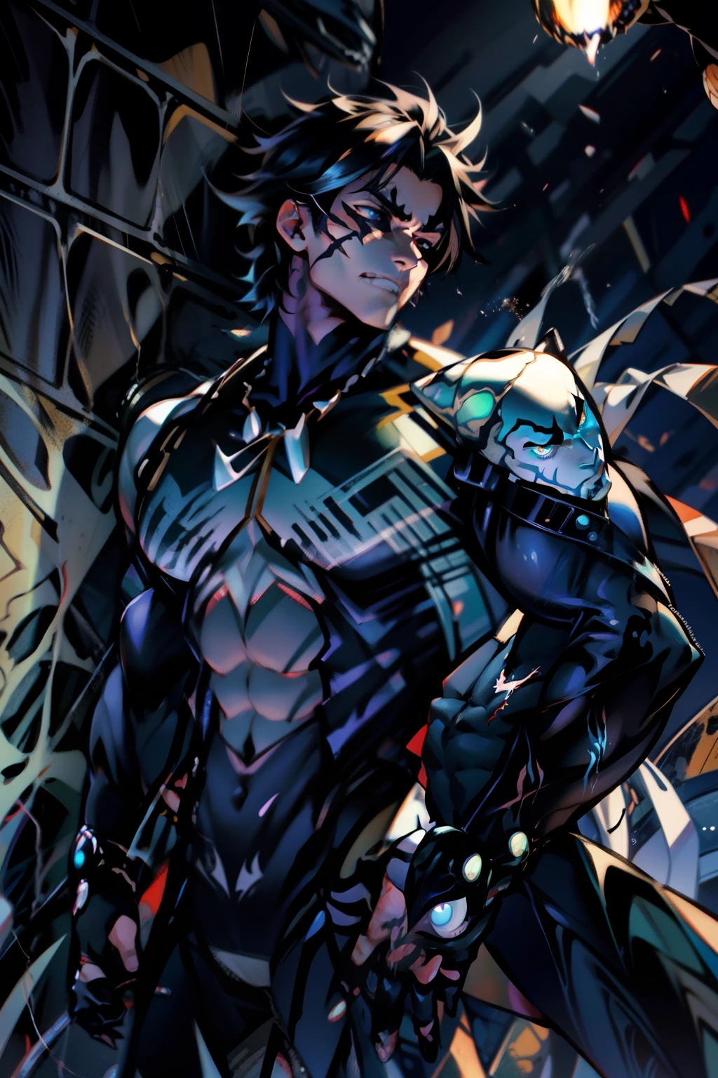 《the original god》Arataki Kazuto , male people, chest muscle, Sexy , Venom symbiote for your body, Black mucus of the body , into venom, venomize,Black bodysuit,(Cloak),Red cape,Abs,(Adult male)((Venom possession,venom symbiote)),over-Tortoise Man,Battle damage,((Masterpiece)), ((Best quality)), Ultra detailed,((illustration)), Dynamic Angle, Detailed light, (Delicate eyes), Floating, 1boy, Male focus, Head, Clothing, Yellow eyes, necklace, tattoo, (Forehead:0.8), (ahoge:0.8), jewelry, brunette color hair,apathy,Ray, chest muscle, Sexy , Venom symbiote for your body, Black mucus of the body , (into venom), Venom,frontage,Bust photo,White tight-fitting top,spiderman outfit,style of anime4 K, 4K anime wallpaper, Badass anime 8 K, 4 k comic wallpaper, young anime man, Anime boys, Anime wallpapers 4 k, Anime wallpaper 4K, High quality anime art style, Anime moe art style, Anime art wallpaper 8 K, Anime art wallpaper 4 K, RGB lighting,