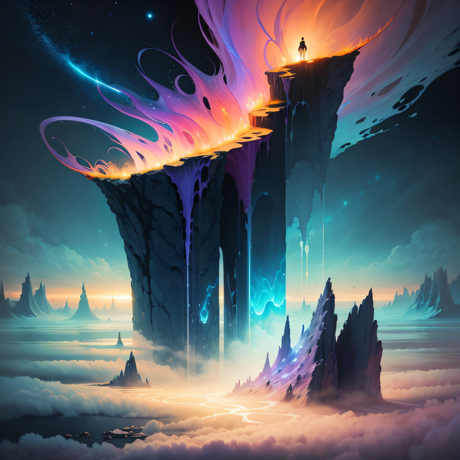 "The gap of dreams" | painting, ethereal, dreamlike, surreal, mystical landscape, vibrant colors, soft lighting, floating objects, otherworldly atmosphere --auto