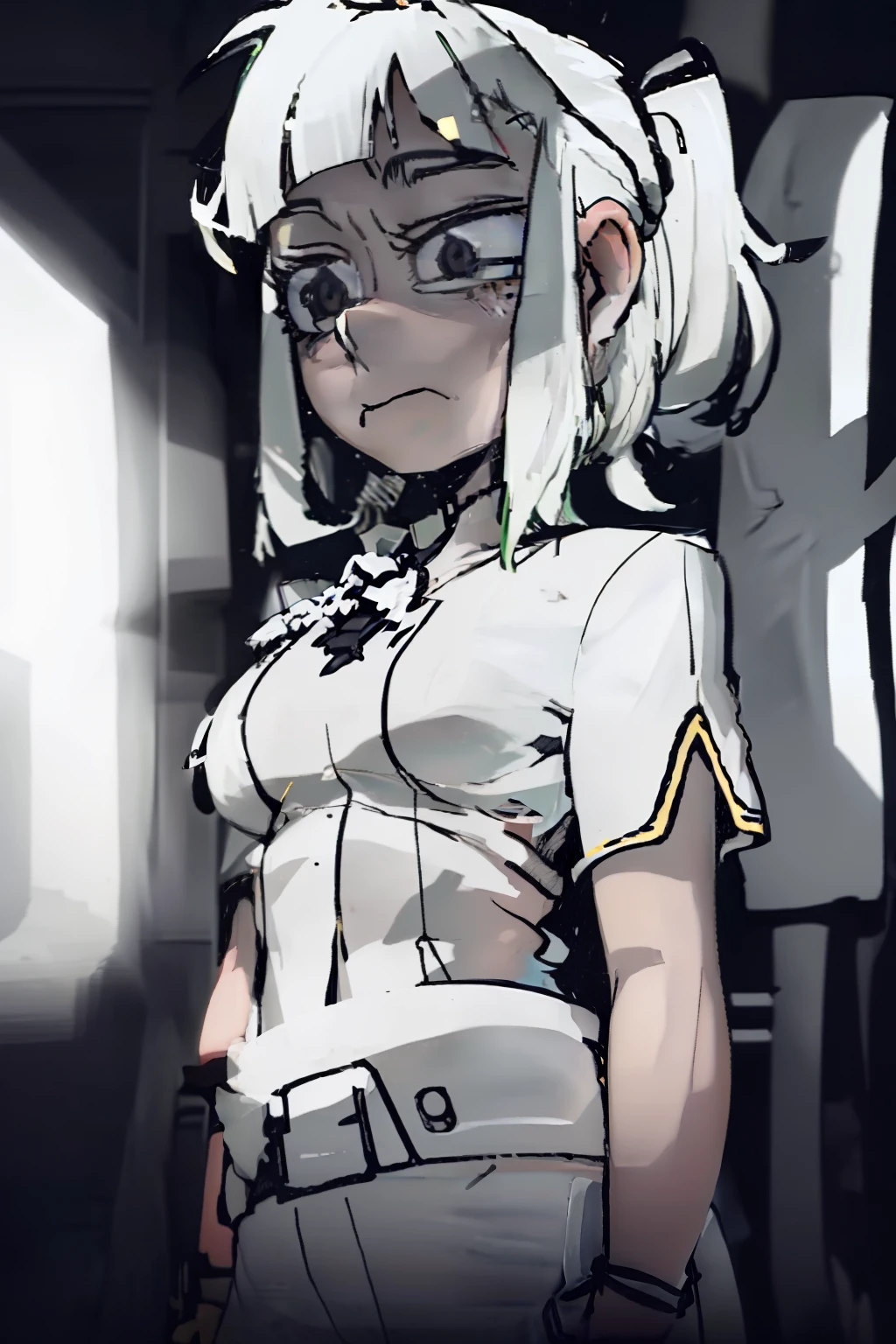 porcelain white skin,((Light green hair,Medium length hair,Double ponytail,side swept bangs))anime big breast,(Cute little eight year old girl),Wearing a white shirt and black shorts,He was wrapped around his waist by five large iron chains、wrists、ankle,The expression was very frightened、dreads
