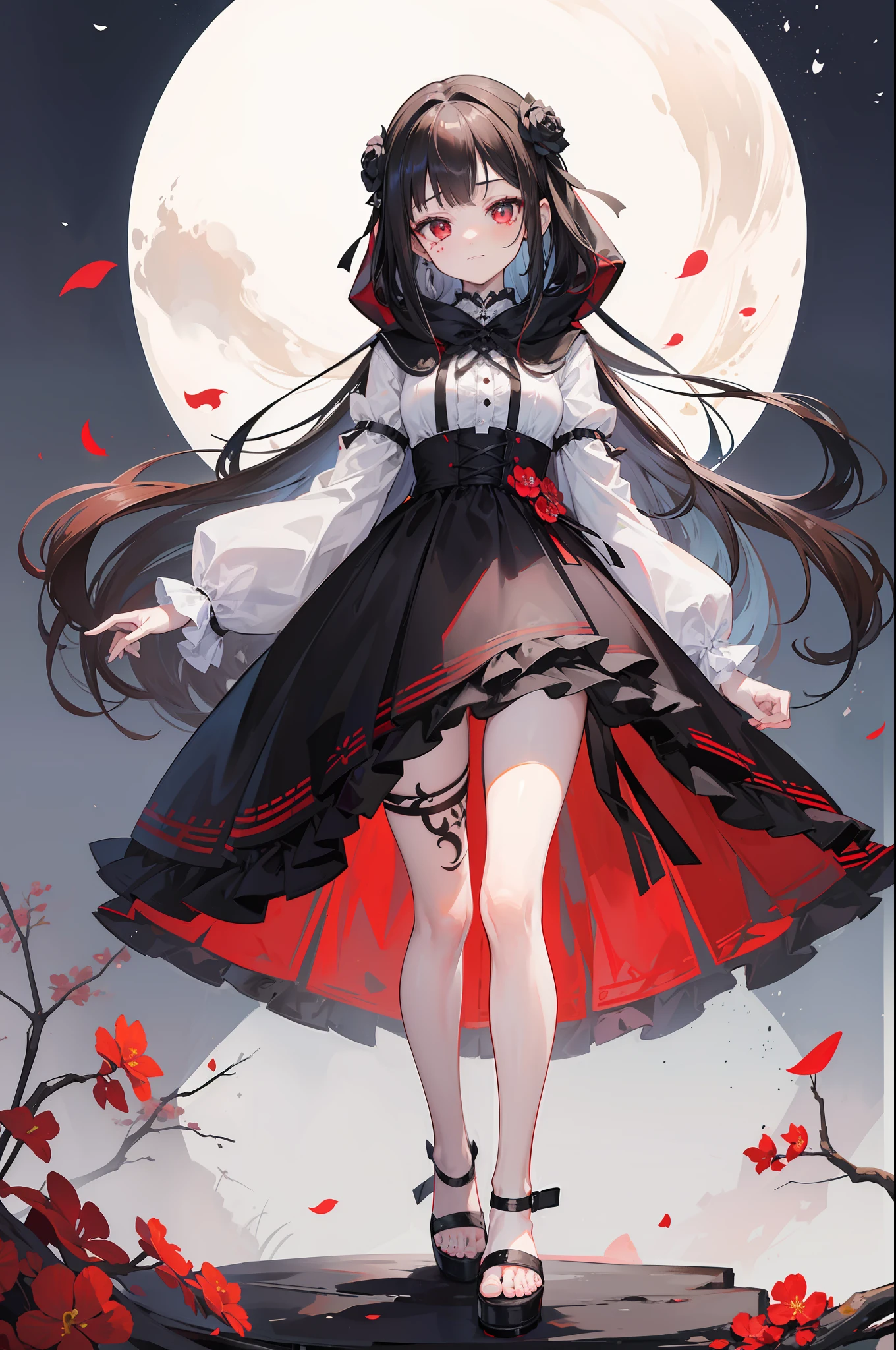 Background white、white backgrounid、(top-quality、8K、​masterpiece:1.3) Highly detailed facial and skin texture、full body Esbian、very delicate red eyes、二重まぶた、de pele branca、length hair、(with round face:1.5)、A dark-haired、Hooded clothing、Black Goth Lolita Dress、Hair Ribbon、Smiling、front facing、Standing picture to the tip of the shoe、Beautie、A dark-haired、Tattoo of flowers on the thighs、Tattoo at the base of the thigh、Full-body image from head to toe、erect through、Stand straight