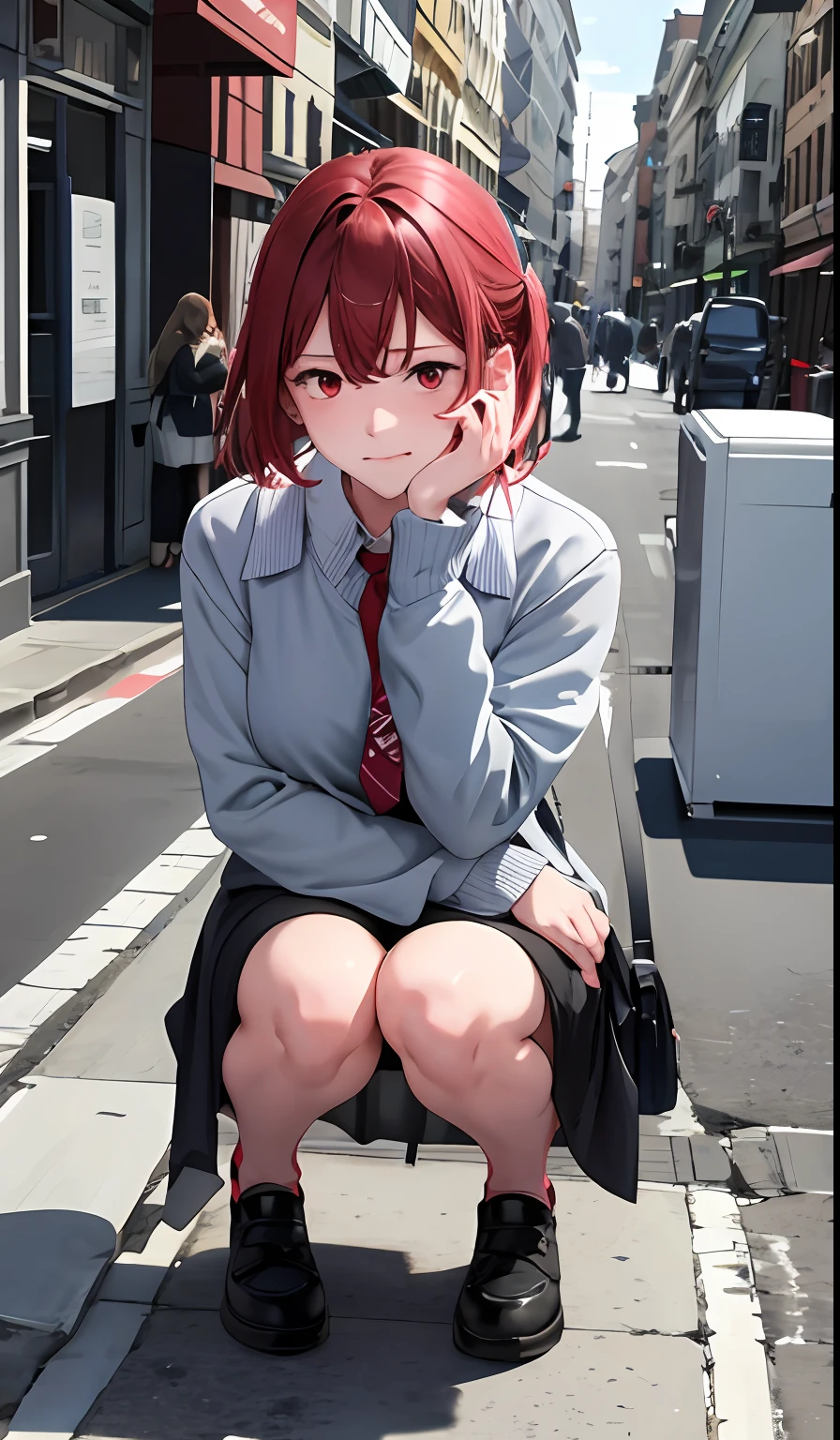 1 girl is taking to lavatory，looks away，Squat，red eyes，embarressed，Be red in the face，Keep one's mouth shut，the street（The girl is peeing herself：0.4）