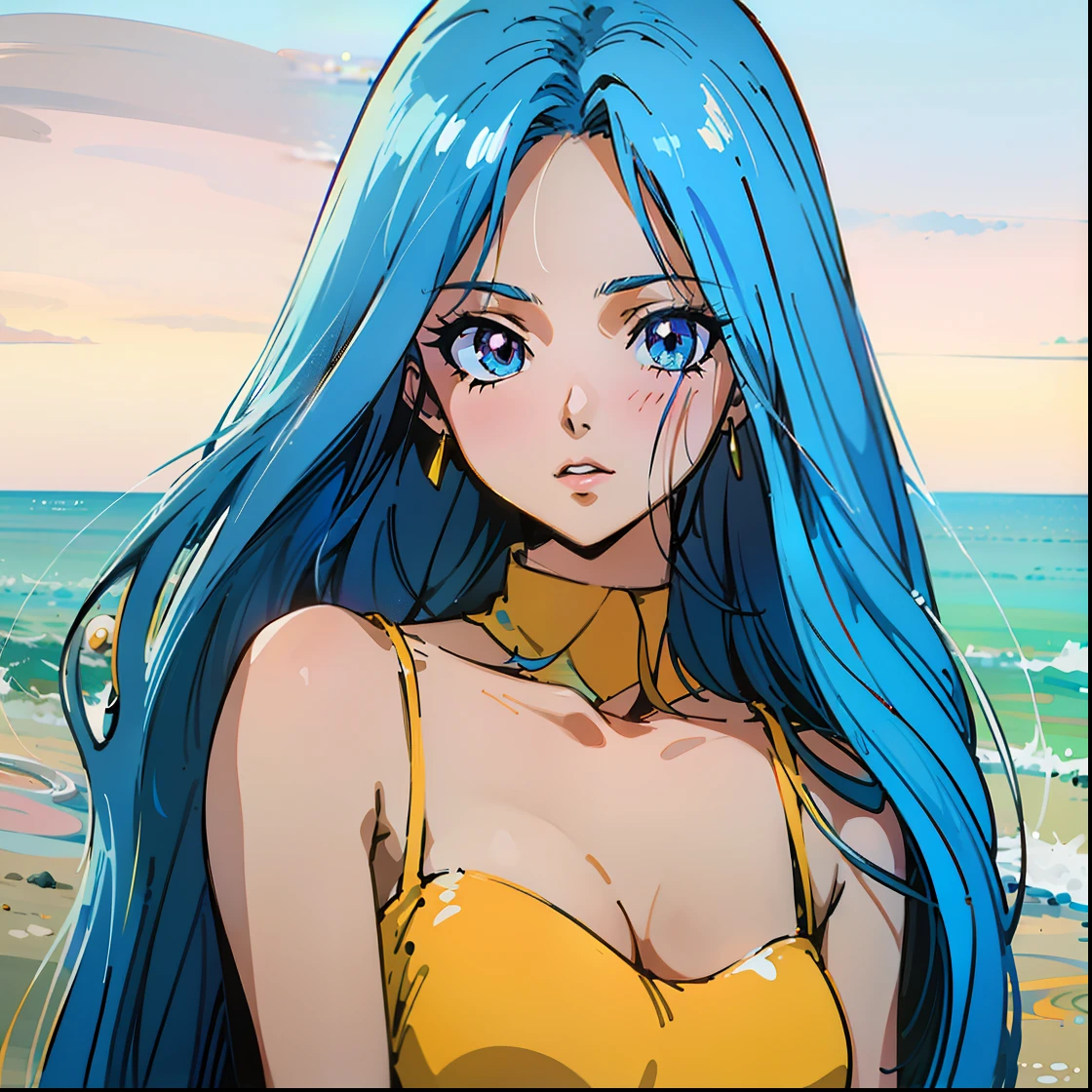 Anime girl with blue hair and yellow top on the beach - SeaArt AI