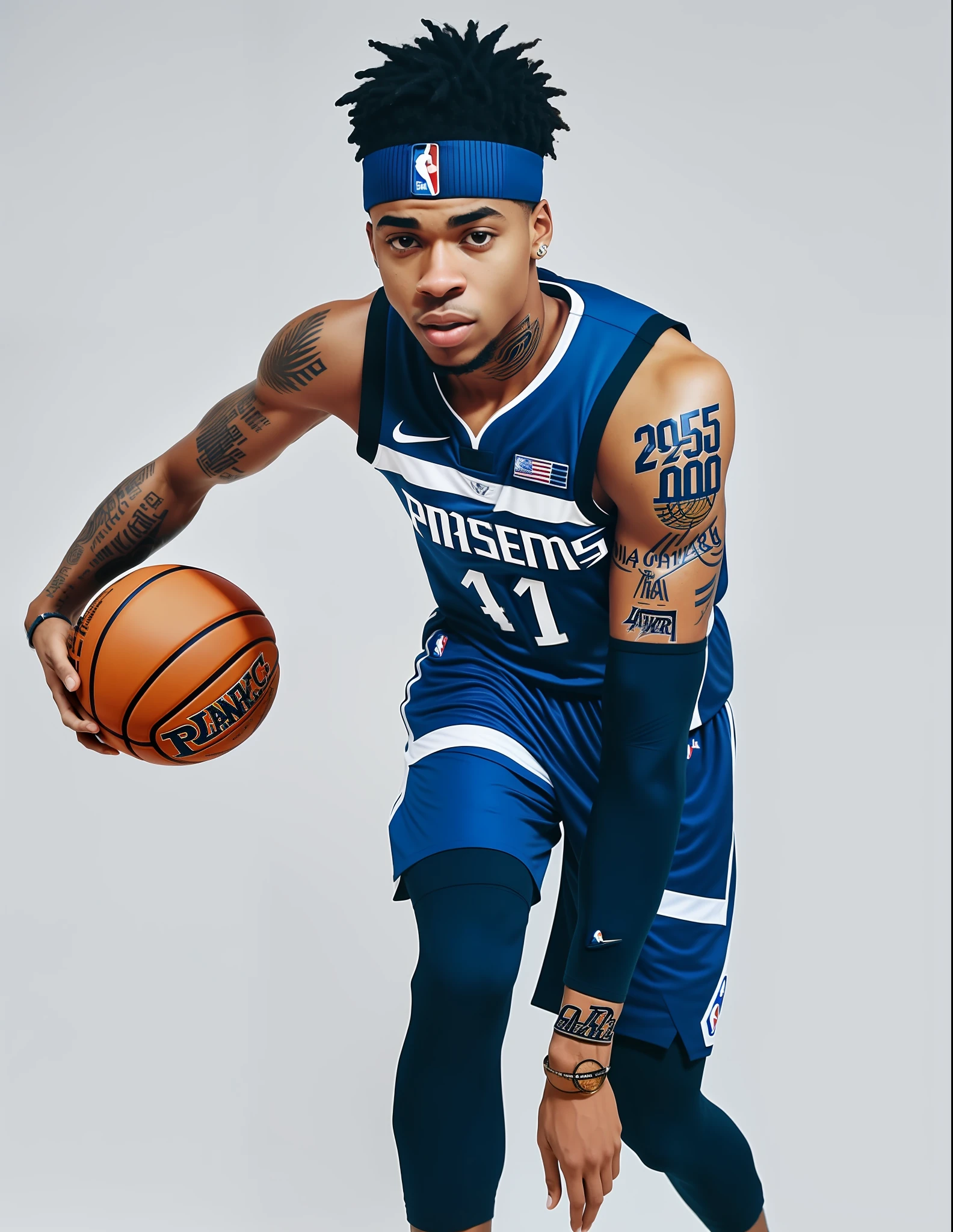 Close-up of a man holding a basketball in his hand, wearing NBA jersey, Inspired by Allen Iverson, Edited, photo in style of tyler mitchell, Promotional images, Inspired by Paul George, wearing basketball jersey, smooth in _ Background with, center focused, D'Angelo Russell（English：D'Angelo Russell）, promotional shot