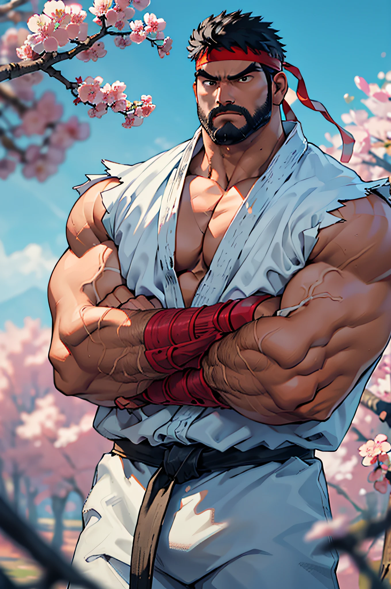 (masterpiece, best quality:1.2), cowboy shot, solo, male focus, 1boy, ryu \(sf\), middle age, serious, determined face, white skin, looking at viewer, black hair, black thick beard, detailed face tall, hunk, muscular, wide shoulder, big physique, wearing big white Dougi, new white Dougi shirt, white Dougi pant, red headband, fingerless gloves, blue aura, cherry blossom in the background, high detailed, crossed arms