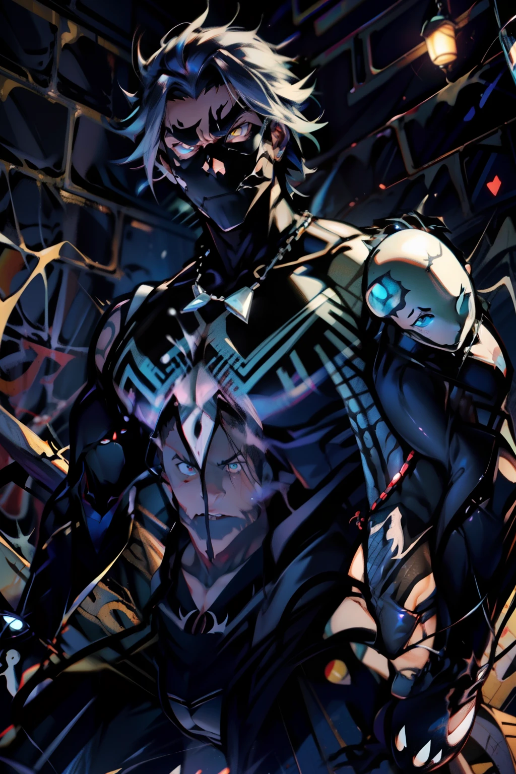 《the original god》Arataki Kazuto , male people, chest muscle, Sexy , Venom symbiote for your body, Black mucus of the body , into venom, venomize,Black bodysuit,(Cloak),Red cape,Abs,(Adult male)((Venom possession,venom symbiote)),over-Tortoise Man,Battle damage,((Masterpiece)), ((Best quality)), Ultra detailed,((illustration)), Dynamic Angle, Detailed light, (Delicate eyes), Floating, 1boy, Male focus, Head, Clothing, Yellow eyes, necklace, tattoo, (Forehead:0.8), (ahoge:0.8), jewelry, brunette color hair,apathy,Ray, chest muscle, Sexy , Venom symbiote for your body, Black mucus of the body , (into venom), Venom,frontage,Bust photo,White tight-fitting top,spiderman outfit,style of anime4 K, 4K anime wallpaper, Badass anime 8 K, 4 k comic wallpaper, young anime man, Anime boys, Anime wallpapers 4 k, Anime wallpaper 4K, High quality anime art style, Anime moe art style, Anime art wallpaper 8 K, Anime art wallpaper 4 K, RGB lighting,