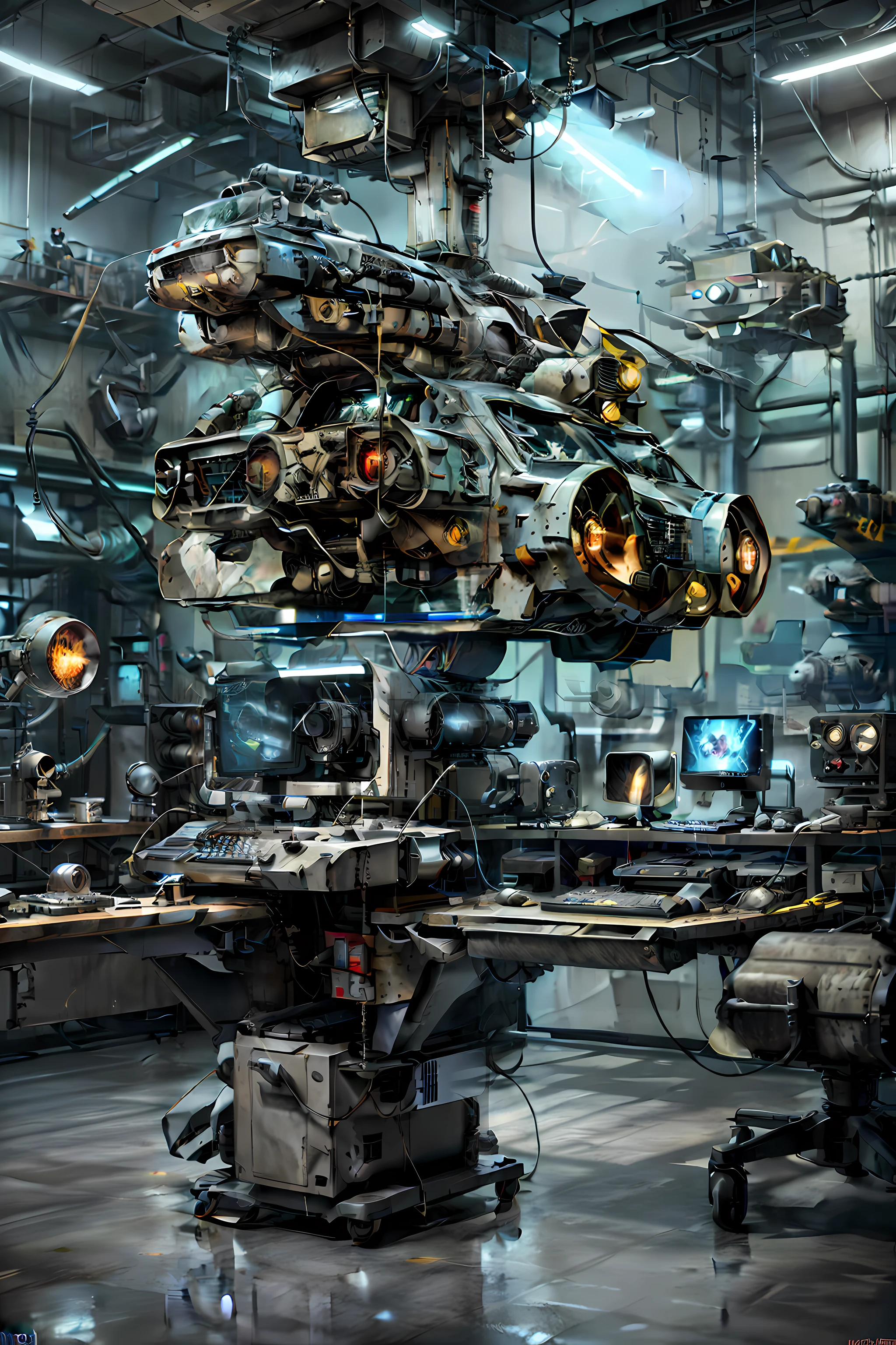 In a military laboratory full of science and technology,There are various technological equipment computers inside,There is also a planning board, concept art style, wojtek fus, 3 d octane render conceptart, concept art style, concept design art octane render, highly realistic concept art, mechanized art concept, 8 K high detail concept art