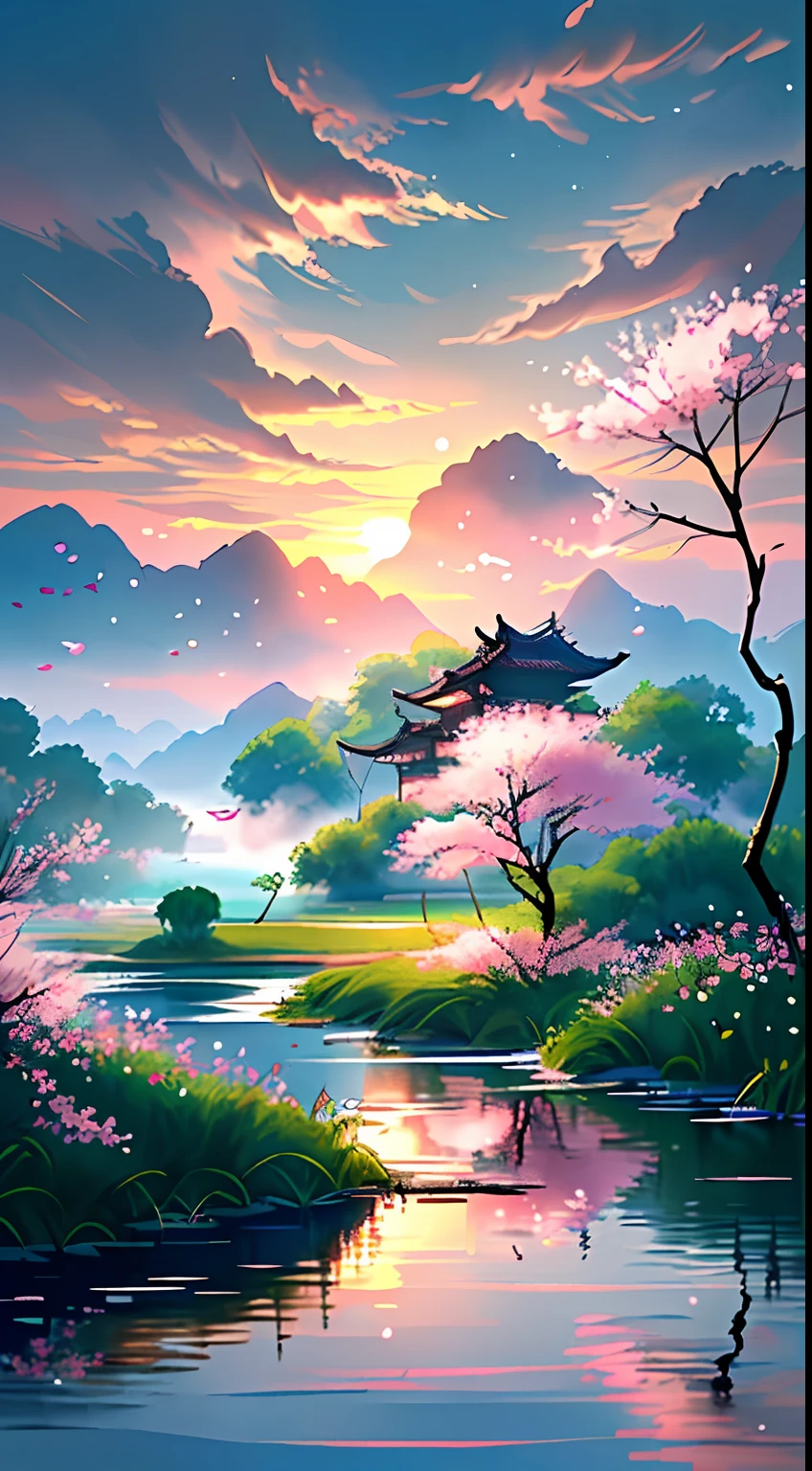 Faint flying bridge across the wild smoke,Iishiki asked the fishing boat。Peach blossoms flow with water all day long,Where is the cave in Qingxi。（A landscape painting full of illusory artistic conception）,（There is a huge rippling pond）,（There are a lot of scattered ones floating on the surface of the pond(Pink peach blossom:1.2)of flowers）,There are some ancient thatched huts by the pond,(A river that flows into the distance,(fishing boat:1.2)）,（There is a piece on the shore(Peach grove:1.2),(Pink big breasts:1.2)of flowers）,（The setting sun shines obliquely through the clouds）,vivid color（Light particle effect）,（masterpiece）,（Extremely detailed picture description）,（8k wallpaper）,（master painting）,（Ink painting style）,（Noticeable light and shadow effects）,（Ray traching）,（Obvious layers）,（depth of fields）,（best qualityer）,RAY