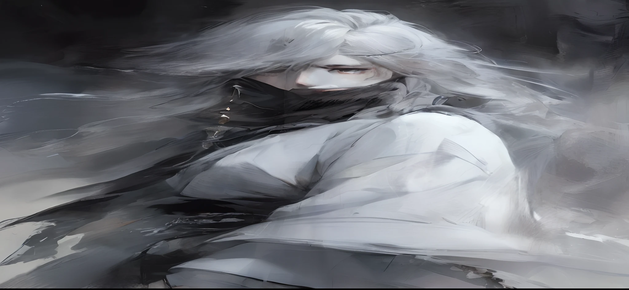 Close-up of a man with black hair and a black scarf，a character portrait by Yang J，Pixiv competition winner，Fantasyart，white-haired god，Beautiful character painting，Guviz-style artwork，Yuki Onna's glareing gaze，Guweiz，with short black hair，Short black hair，flowing hair and long robes