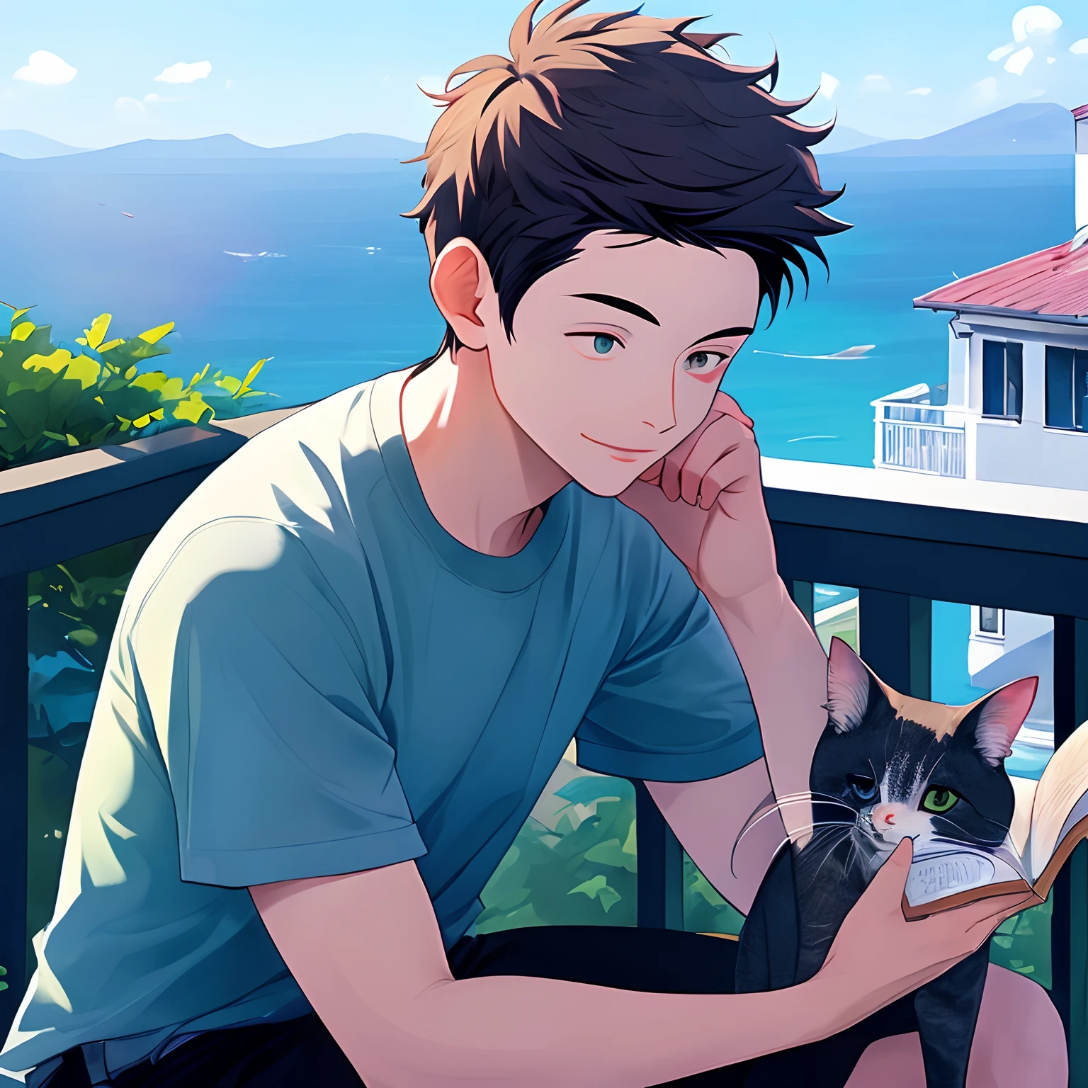 1boy，夏天，The upper part of the body，brunette color hair，contours，Sitting on the balcony，lendo livros，petting a cat