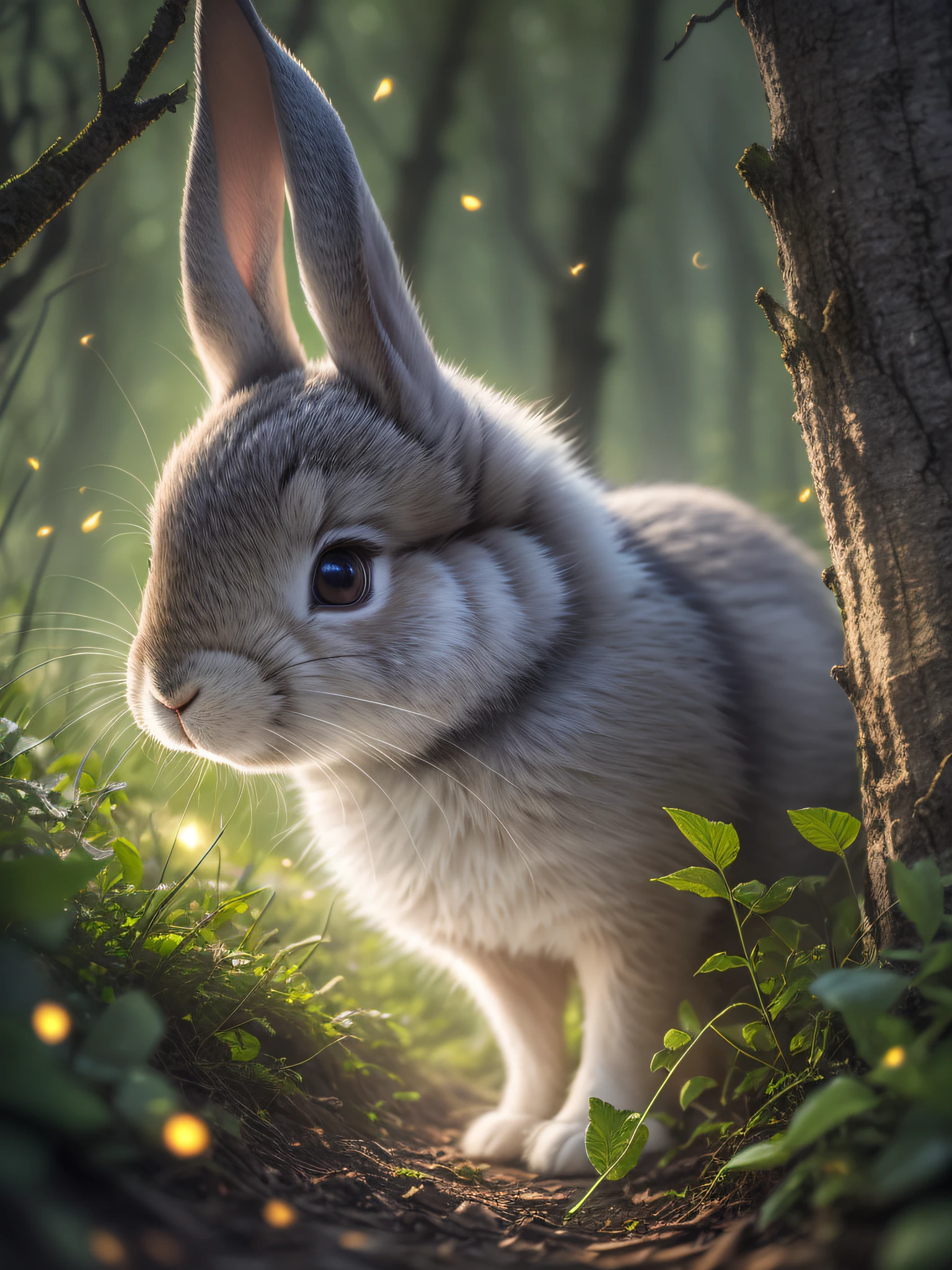 Close up photo of a rabbit in enchanted forest, late night, in the forest, backlight, fireflies, volumetric fog, halo, bloom, dramatic atmosphere, center, rule of thirds, 200mm 1.4f macro shot