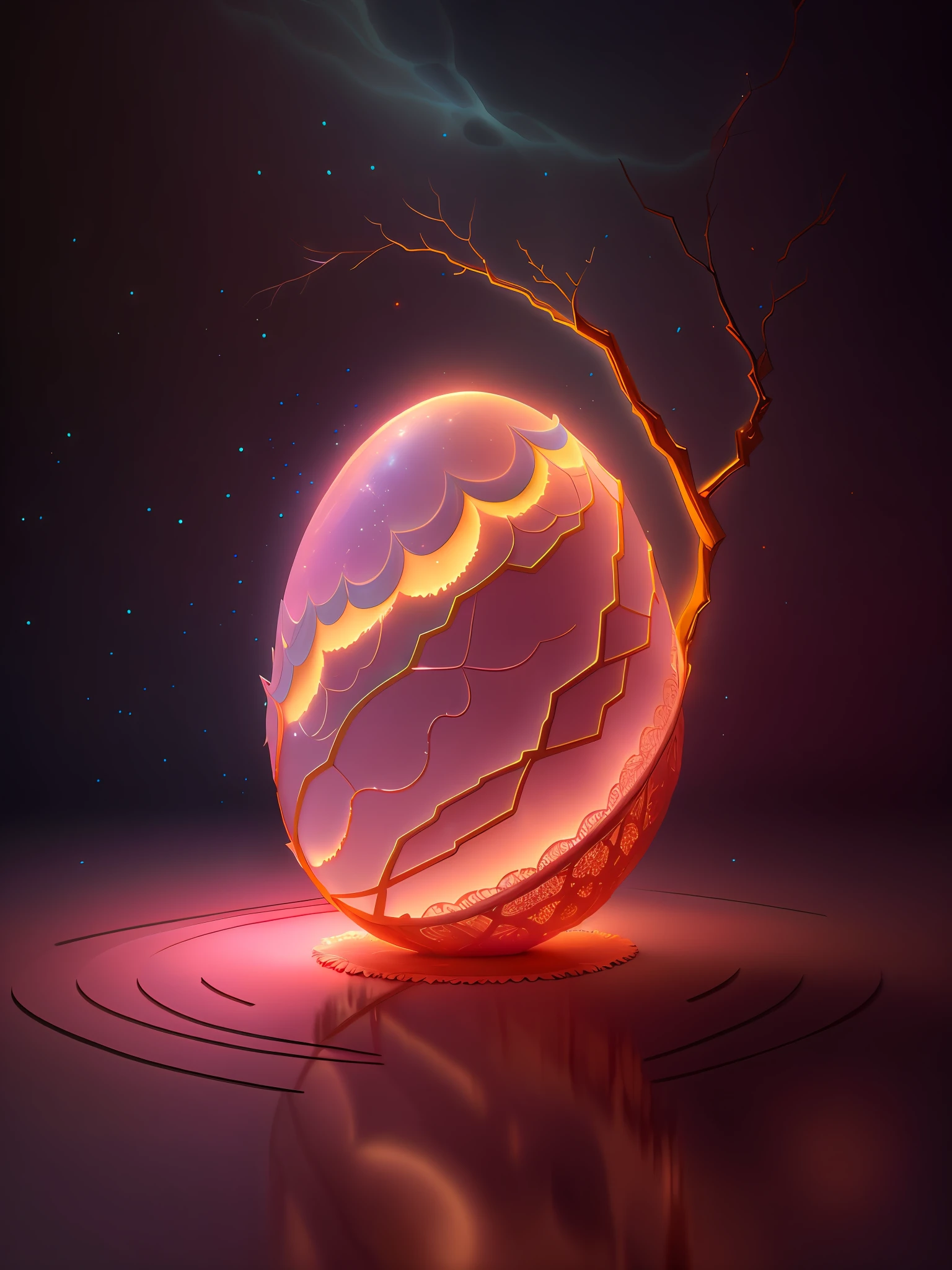 Efecto Shatter en After Effects,,Soft 3D Opaque Intricately Carved Ivory Shiny Cracked Broken Shell Egg in a dimly lit room, con una luz rosa muy suave que emana de debajo del huevo, zarcillos de vid en espiral brillantes de color naranja rosado que abarcan el huevo amorosamente como si estuviera vivo, fotorrealista, Detallado, realista, alta calidad, Background thunderstorms, detallado, realista, 8k UHD, alta calidad