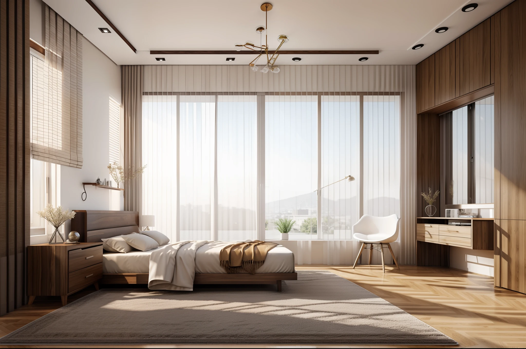 Masterpiece, high quality, best quality, authentic, super realistic, super detail, interior,modern bedroom, rug,wooden floor,window,curtains,daylight,vray