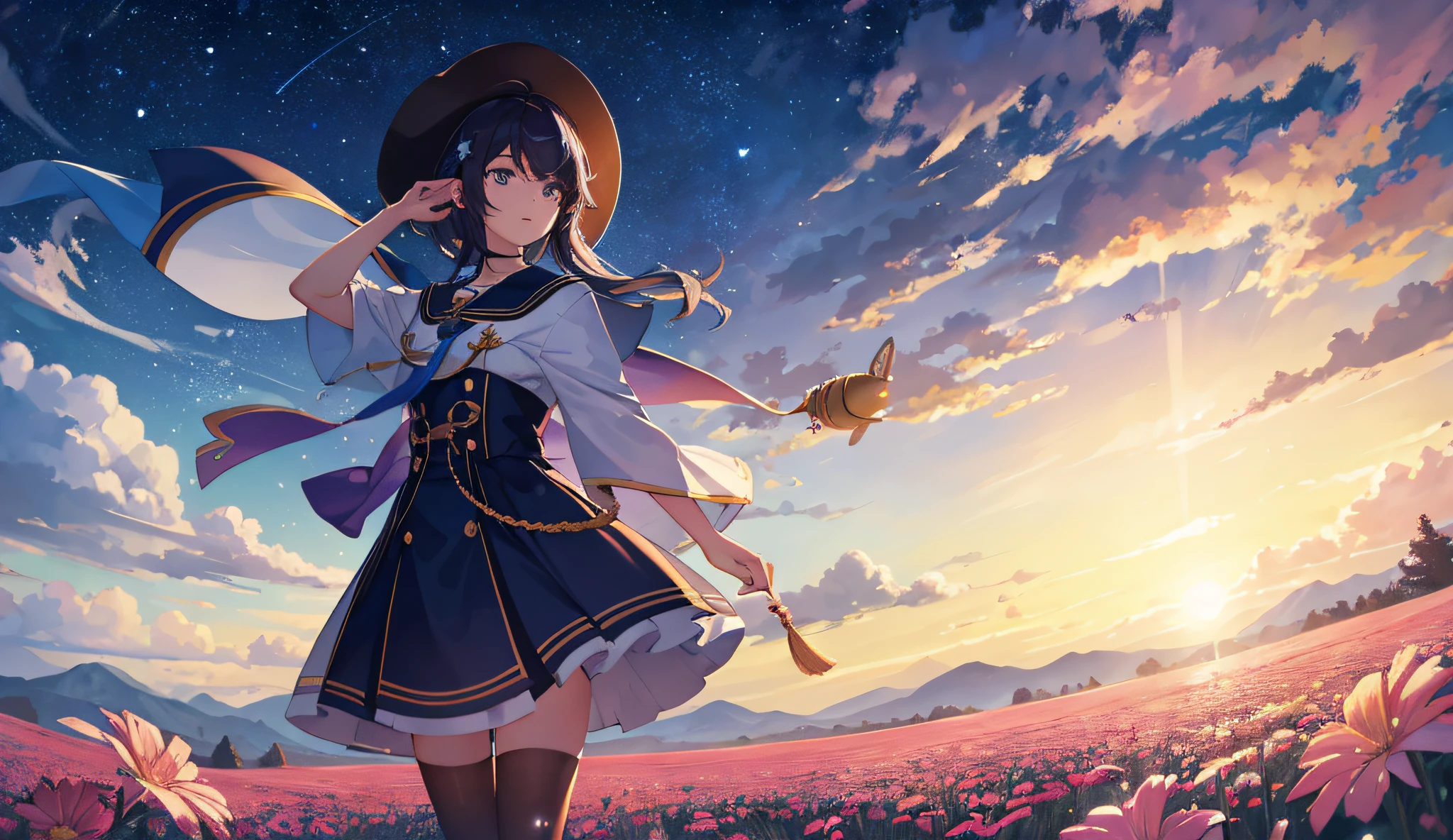 Expansive landscape photograph，（look from down，Above is the sky，Below are open fields），A girl standing on a flower field looking up，（moon full：1.2），（meteors：0.9），（Starcloud：1.3），Far Mountain, Tree BREAK making art，（Warm light source：1.2），（glowworm：1.2），lamp lights，Lots of purple and orange，Complicated details，Volumetric lighting BREAK（tmasterpiece：1.2），（best qualtiy），4k，ultra - detailed，（dynamic compositions：1.4），detail-rich，plethora of colors，（Irridescent color：1.2），（with light glowing，Atmospheric lighting），dream magical，magical，（独奏：1.2），schoolboy