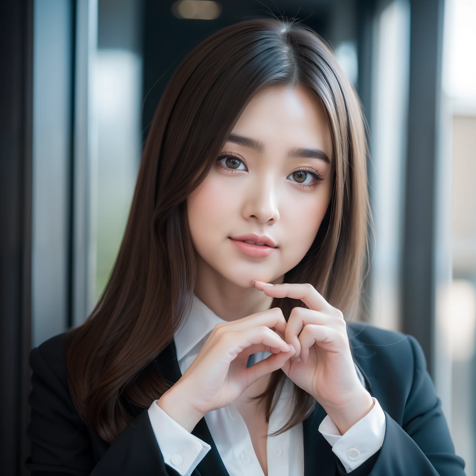 best qualtiy, tmasterpiece, 1girll, beauitful face, (photograph realistic:1.3), edge lit, (highdetailskin:1.2), 8K Ultra HD, digital SLR camera, high high quality, A high resolution, 4K, 8K, Bokeh, absurderes, Optimal proportions of four fingers and one thumb, (realisticlying:1.3), Cute 1girl, Wearing a black formal blazer, mediuml breasts, short skirt,