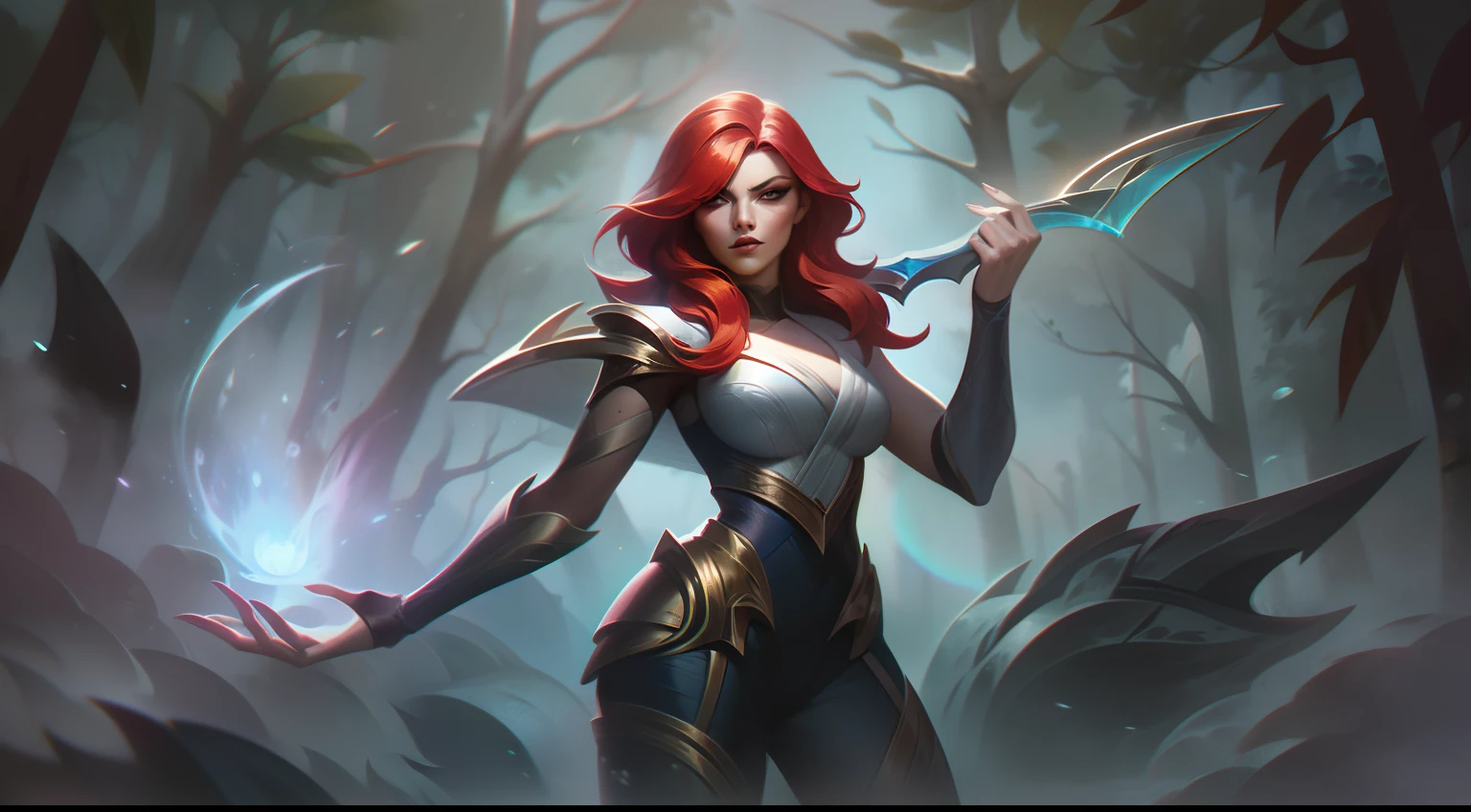 A woman with high red hair，Use her elemental sword proficiency to chop wood + Possess superb skills in wielding elemental basic swordsmanship + The background is a jungle of mangrove trees + Femme fatale splash art， splashart， Splash art in League of Legends， Artistically， Brush Strokes， tmasterpiece， 8k， ultra - detailed， k hd