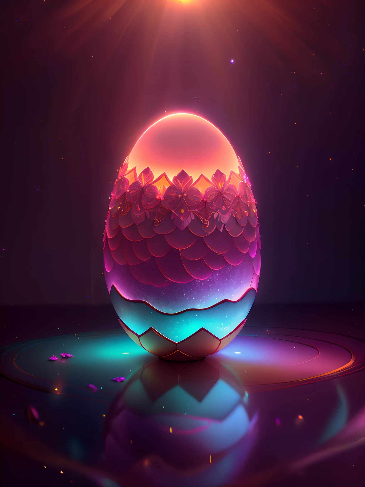 Efecto Shatter en After Effects,,Soft broken shell egg in intricately opaque 3D carved from shiny ivory in dimly lit room, con una luz rosa muy suave que emana de debajo del huevo, zarcillos de vid en espiral brillantes de color naranja rosado que abarcan el huevo amorosamente como si estuviera vivo, fotorrealista, detallado, realista, alta calidad, Background thunderstorms, detallado, realista, 8k UHD, alta calidad, Barbiecore.  magica, fantasy, rosado, violeta, PALETA DE ORO