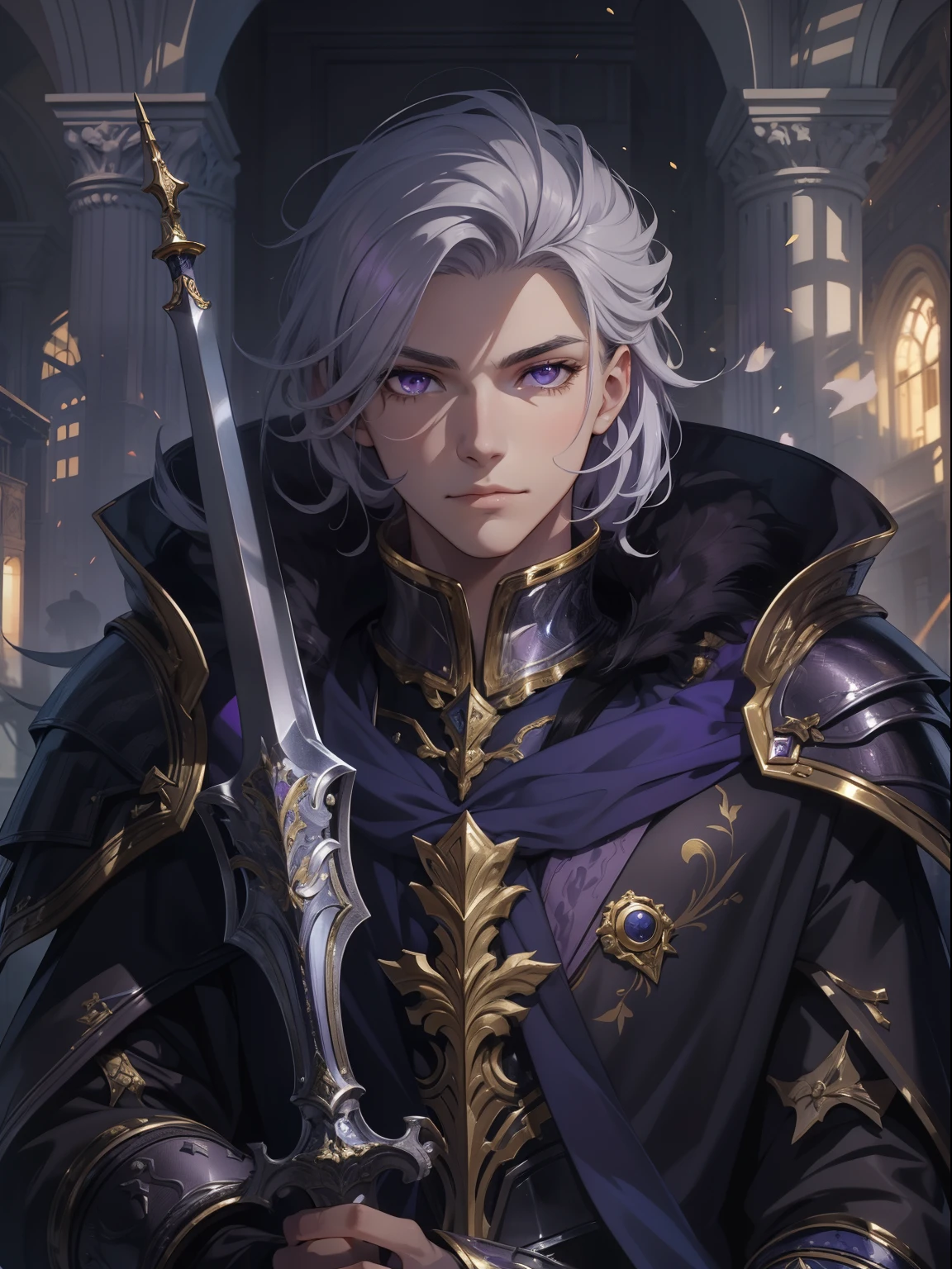 Ultra-detailed silver-haired teenager with 8K resolution,Purple-eyed,Elegant aristocratic countenance,Wearing black armor,The armor has a gold pattern on it,Purple cloak,Handsome guy with a sword,Optimal color rendering,Best shadow effect,Masterpiece level,rs around 16 yearan