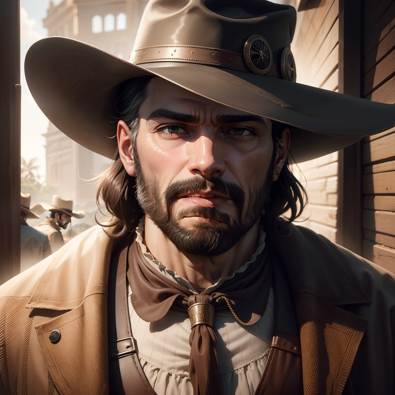 Rosto se homem idoso com cicatriz grande no rosto, Thin beard and a Wild West hat, 4k, Velho Oeste