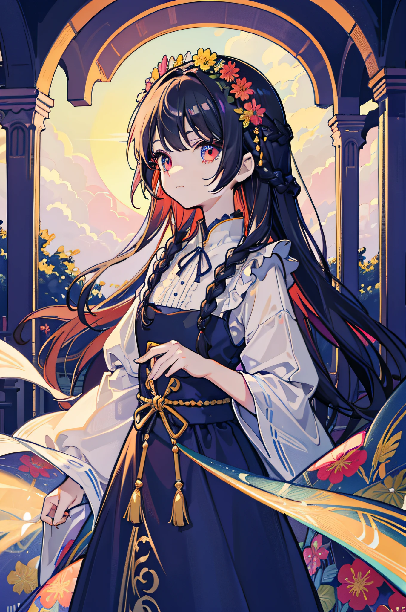 tmasterpiece,Highest image quality,super detailing,A high resolution,high saturated,Lighting effects,and the sun was shining brightly,garden with colorful flowers。,Antique characters,Faraway view。one-girl,The face is delicate,There are big eyes of God,Black hair,Details coiled,long braid,Black eyelashes,Look up,DOA ,Creative long dress。