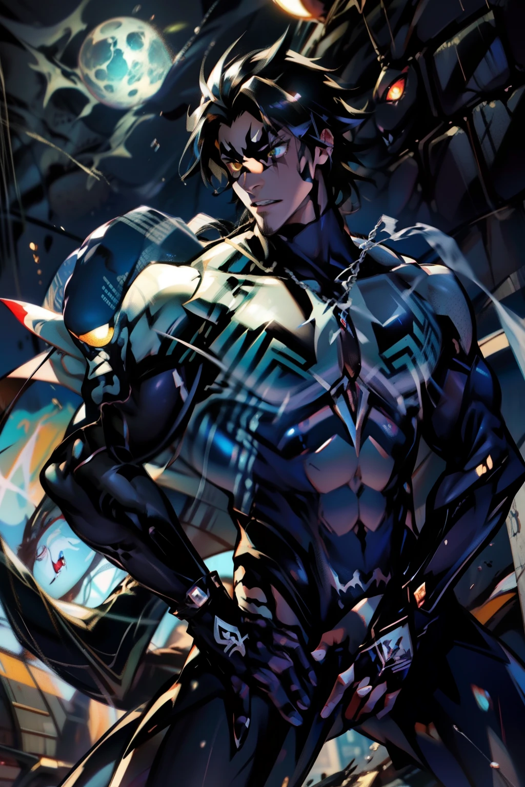 《the original god》Arataki Kazuto , male people， chest muscle， Sexy , Venom symbiote for your body, Black mucus of the body , into venom, venomize，Black bodysuit，（Cloak），Red cape，Abs，（Adult male）（（Venom possession，venom symbiote）），over-Tortoise Man，Battle damage，((Masterpiece)), ((Best quality)), Ultra detailed,((illustration)), Dynamic Angle, Detailed light, (Delicate eyes), Floating, 1boy, Male focus, Head, Clothing, Yellow eyes, necklace, tattoo, (Forehead:0.8), (ahoge:0.8), jewelry, brunette color hair,apathy，Ray， chest muscle， Sexy , Venom symbiote for your body, Black mucus of the body , （into venom）, Venom，frontage，Bust photo，White tight-fitting top，spiderman outfit，style of anime4 K， 4K anime wallpaper， Badass anime 8 K， 4 k comic wallpaper， young anime man， Anime boys， Anime wallpapers 4 k， Anime wallpaper 4K， High quality anime art style， Anime moe art style， Anime art wallpaper 8 K， Anime art wallpaper 4 K， RGB lighting，