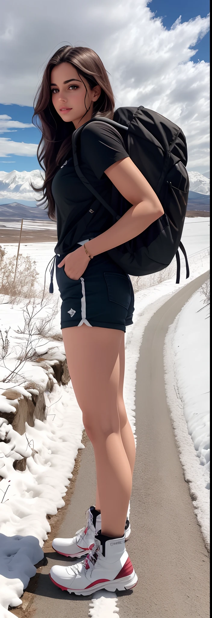 Beautiful woman Arafed with a backpack standing on a snowy hill, white shorts and hiking boots, roupas de caminhada, regata preta apertada e shorts, wearing black shorts, pernas tonificadas, bons quadris e pernas longas, pernas fortes, legs visible, coxas!!!! gorgeous, coxas!!!!! gorgeous, pernas finas, shorts cinza e meias pretas, nice legs, pernas cheias, pernas longas