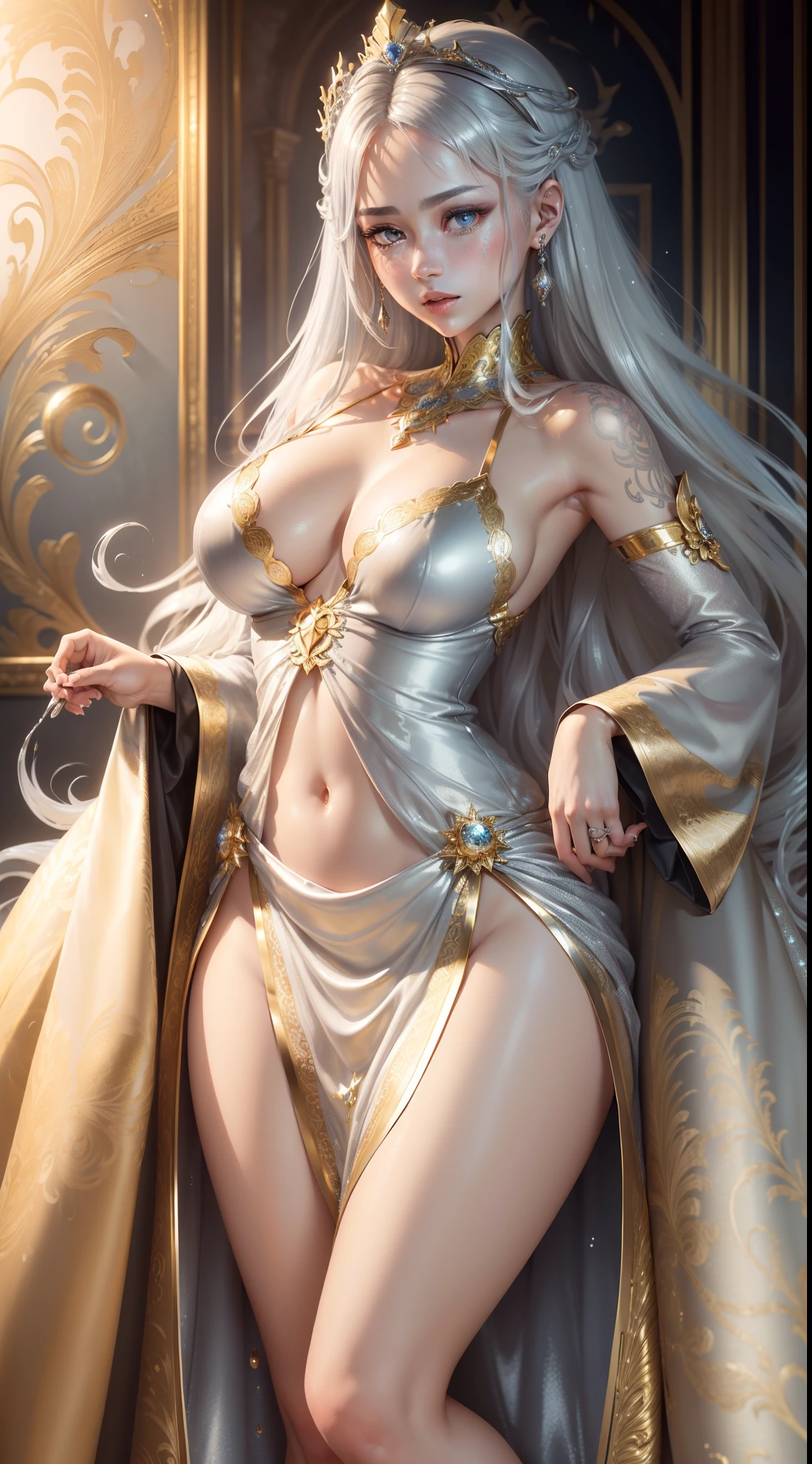 Masterpiece, best quality, amazing, beautifully detailed eyes, ((1girl)), fine detail, depth of field, extremely detailed CG, 8k, wallpaper, full body, (other Minato water), ((girl wears silvery textured clothes)), ((extremely gorgeous metallic style)), ((Metallic crown with gorgeous stripes)), (((golden pattern clothes))) flying feathers (floating hair), (like molten metal (hair)) (((detailed face))) (((detailed eyes))) (((silver clothes))), (((and gorgeous universe))), ((the body)) ((((gold and silver flow)))), (((((all flow and melting ))))), (((((super big dress))))), (((((silver) flow)))), ((((lace flow and melting)))),cum,cum in ,cum on ,cum on body,cum on breasts,cum in mouth,cum on hair,cum in ass,cum on ass,cum on tongue,cum on tongue,cum on feet,cum on legs,cum on armpits,cum in navel,pubic tattoo,, Best quality, highest picture quality, high resolution, perfect facial features, high-definition,illustration, Best quality, highest picture quality, high resolution,