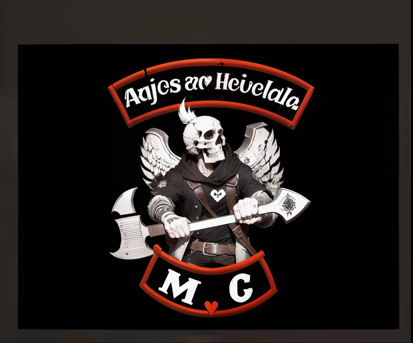 Skull with axe on the back and a heart in the hand
