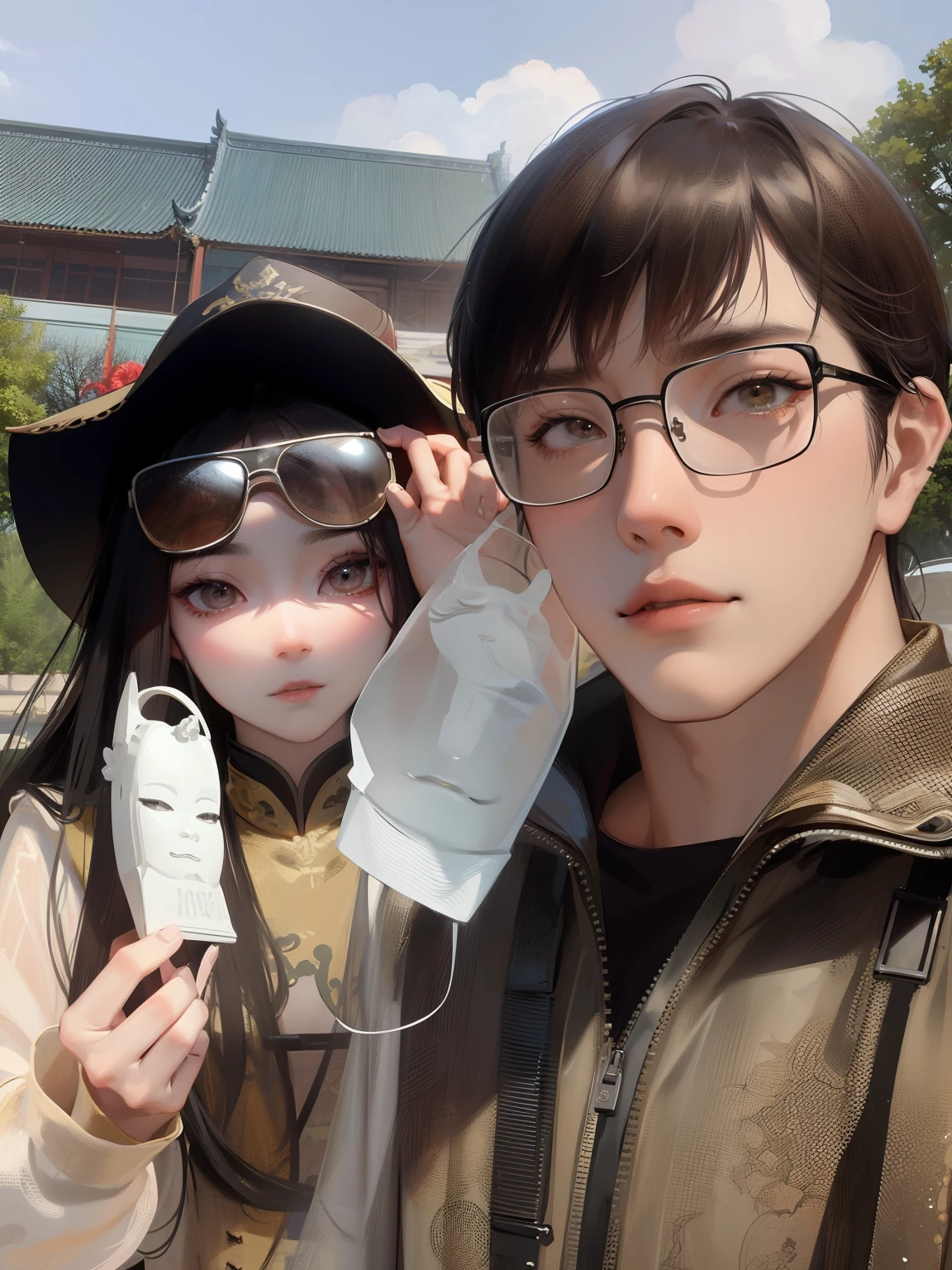 they are wearing masks and posing for a picture,Ruan Jia and Fenghua Zhong,wearing facemask and sunglasses,wearing transparent glass mask,People wearing masks,james jean and fenghua zhong,Wearing a mask,people are wearing masks,Li Zixin,vacation photo,ruan jia and brom,steve zheng。