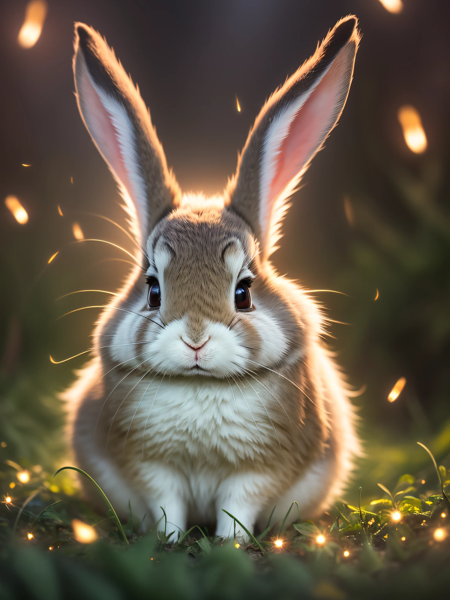 close up photo of a rabbit in an enchanted forest, nighttime, fireflies, volumetric fog, halation, bloom, dramatic atmosphere, centred, rule of thirds, 200mm 1.4f macro shot